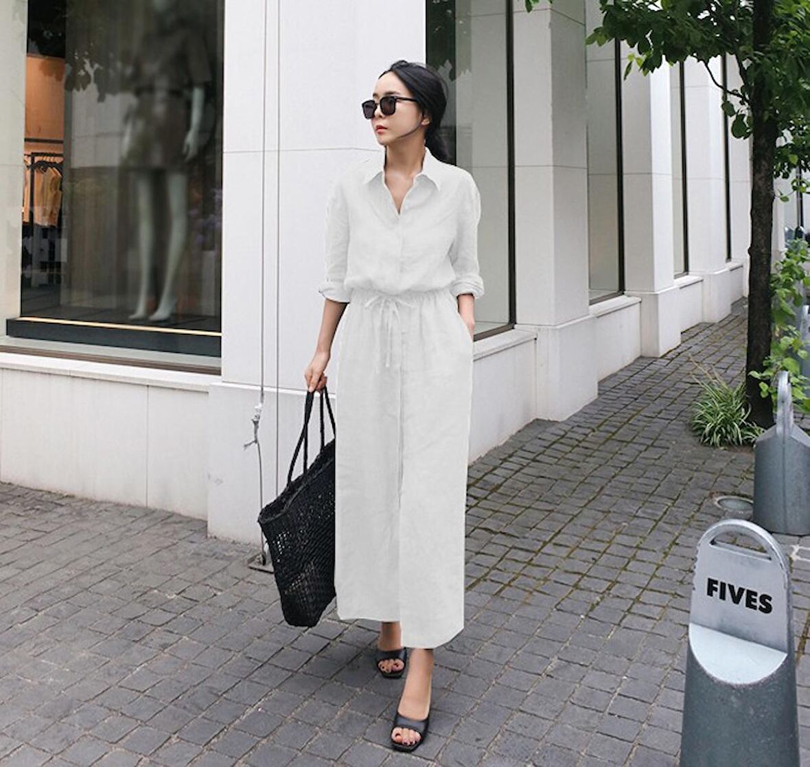 Barbora Keten Günlük Rahat Beli Bağcık Detaylı Uzun Kol Elbise LN07ekru1