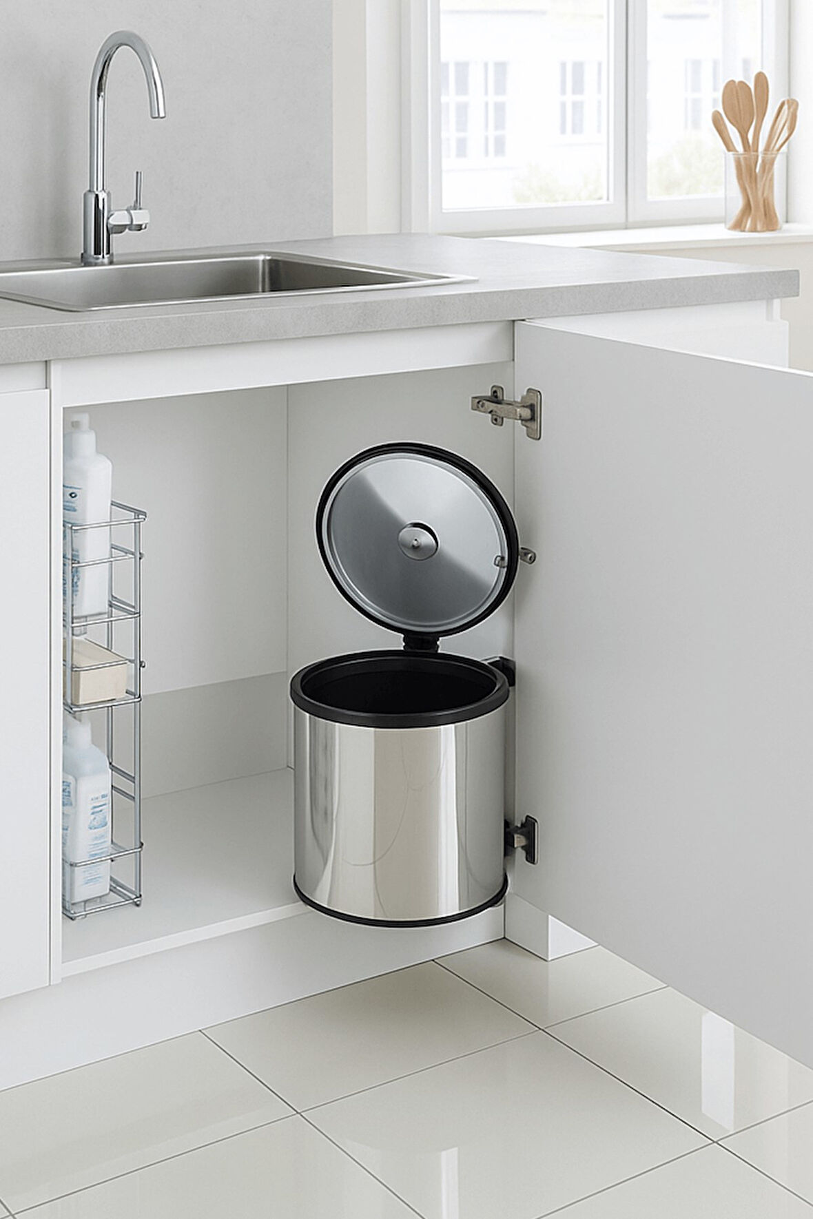 Banyo, Mutfak Dolabı İçi 11 Litre Metal Çöp Kovası – Krom, Tüm Dolaplara Uyumlu Tezgah Altı Çöp Kova