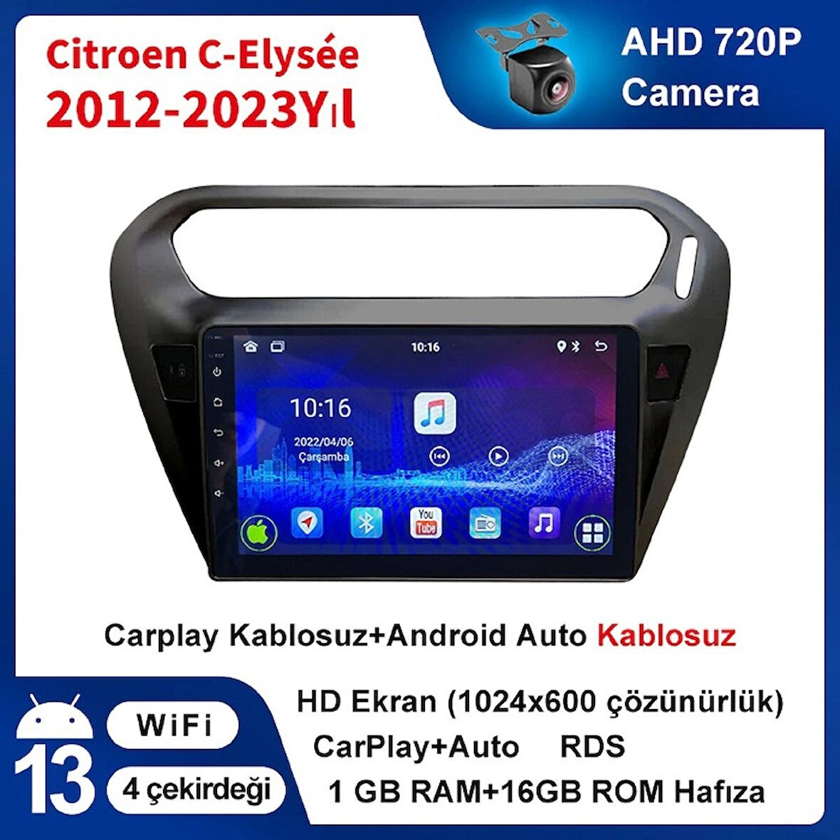 Citroen-C-Elysée-2012-2023Yıl 1GB Ram 16GB Hafıza 9 İnç Android 14 Cihaz Kablosuz Carplay Kablosuz Android Auto Multimedya Navigasyon Double Teyp Araç Monitor Ekran 