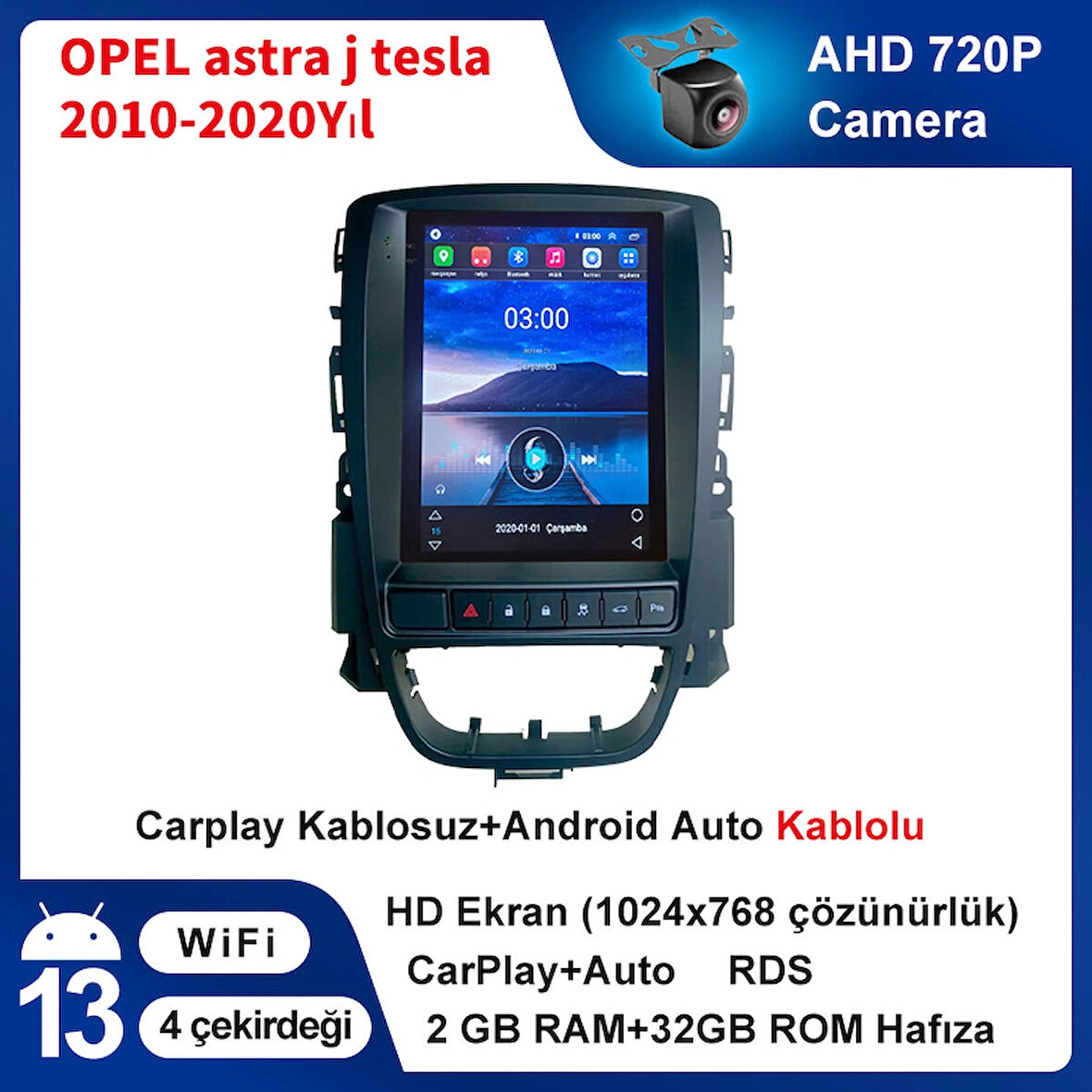 OPEL astra j Tesla  2010-2020Yıl 2GB Ram 32GB Hafıza 9.7 İnç Android 14 Cihaz Kablosuz Carplay Kablosuz Android Auto Multimedya Navigasyon Double Teyp Araç Monitor Ekran