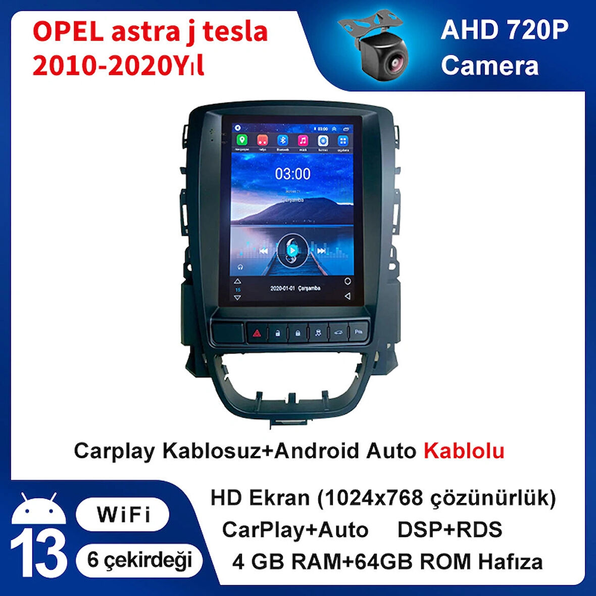 OPEL astra j Tesla  2010-2020Yıl 4GB Ram 64GB Hafıza 9.7 İnç Android 14 Cihaz Kablosuz Carplay Kablosuz Android Auto Multimedya Navigasyon Double Teyp Araç Monitor Ekran