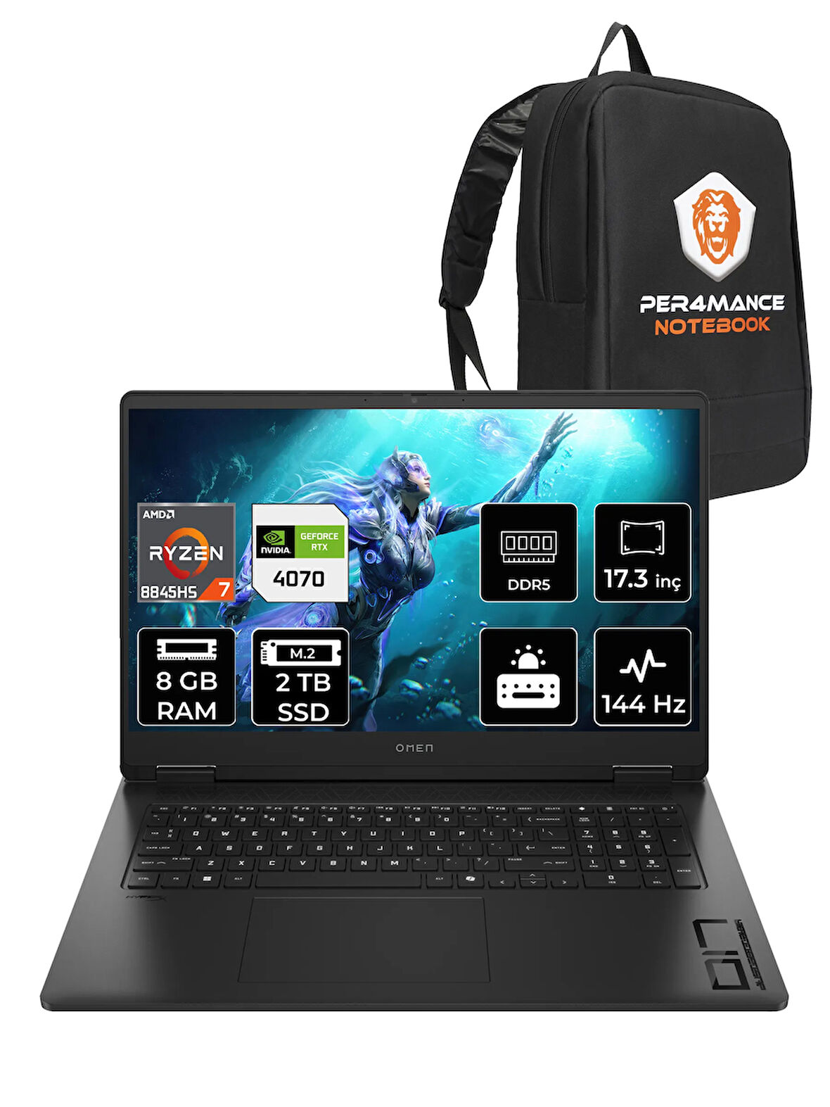 HP OMEN 17 R7 8845HS 8GB RAM 2TB SSD RTX4070/8GB 144Hz 17.3'' FHD FDOS Gaming Laptop & PER4 ÇANTA