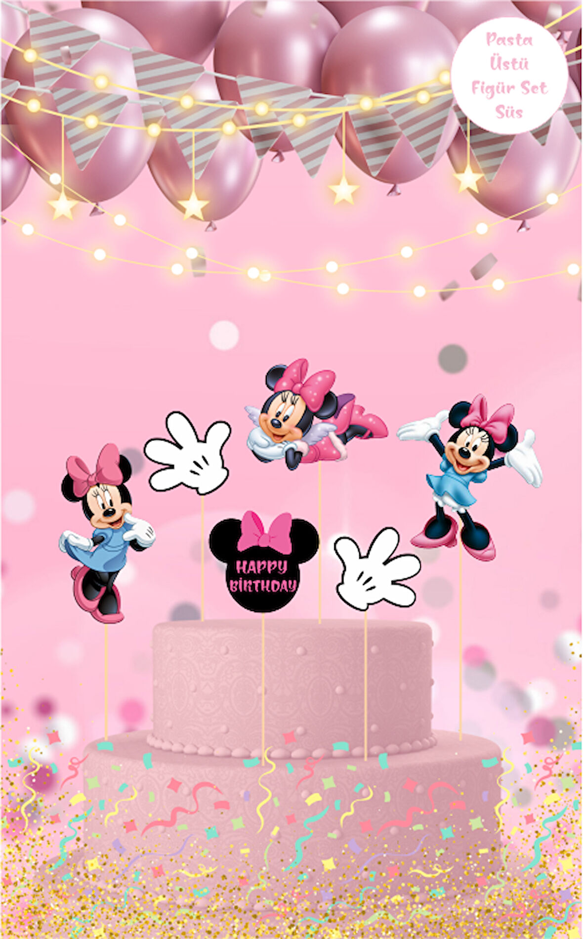 Minnie Mouse Temalı Pasta Üstü Figür Set