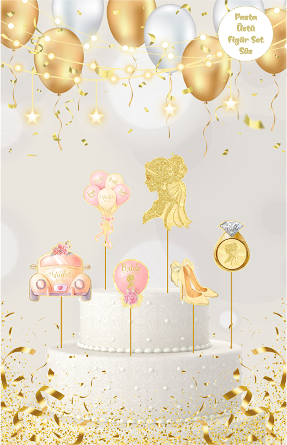 Bride Temalı Altın Pasta Üstü Figür Set