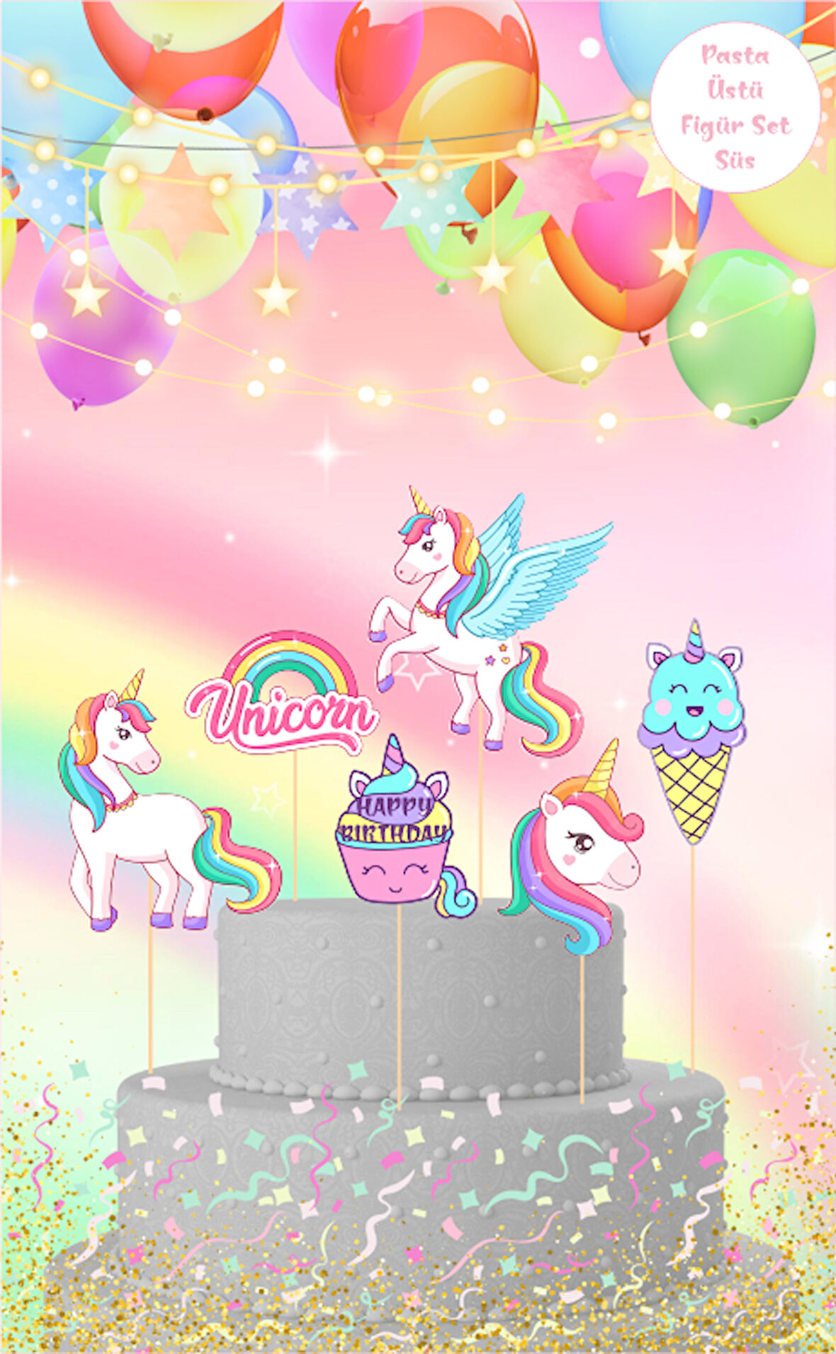 Unicorn Temalı Pasta Üstü Figür Set