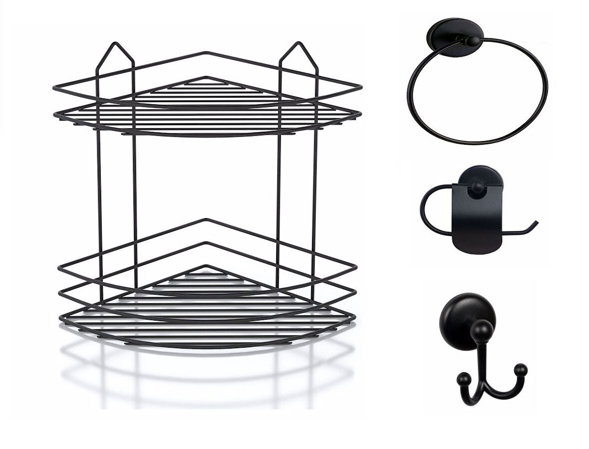 Banyo Aksesuar Seti 4 Lü SİYAH , Ömür Boyu Paslanmaz Köşelik Duş Rafı Şampuanlık SİYAH EK-02