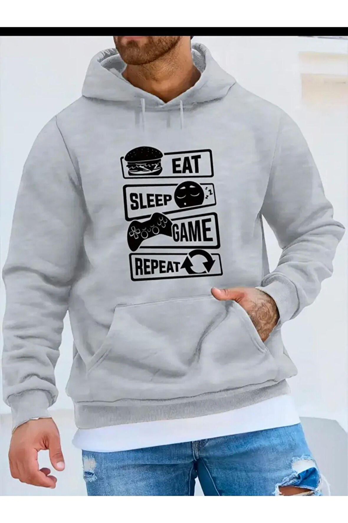 Eat Sleep Game Baskılı Kapüşonlu Sweatshirt