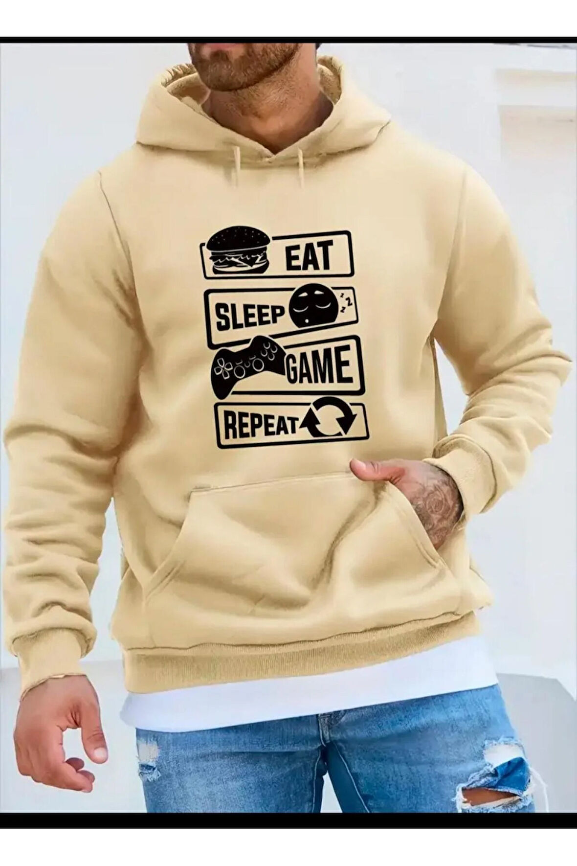 Eat Sleep Game Baskılı Kapüşonlu Sweatshirt