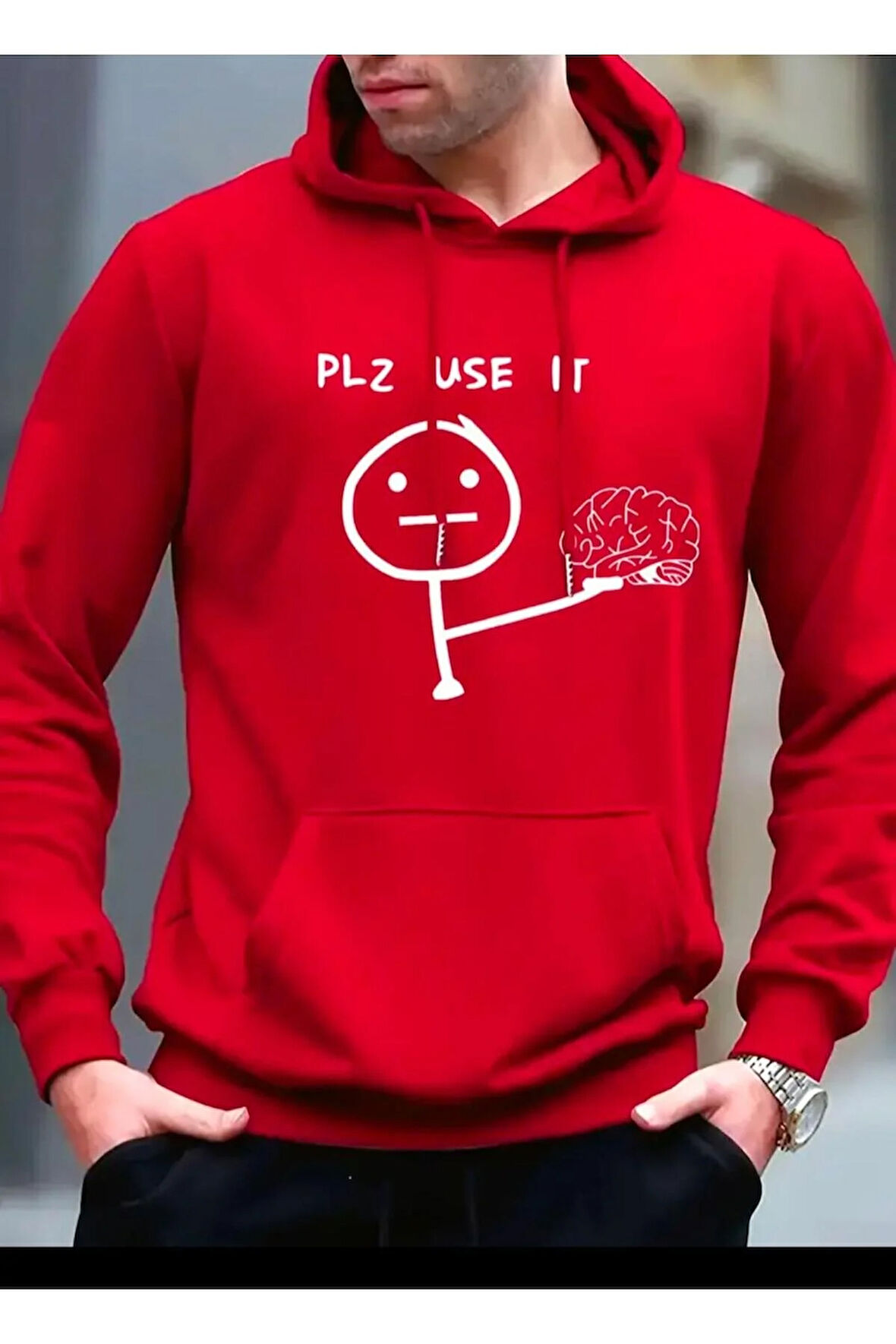 PLZ USE IT Baskılı Kapüşonlu Sweatshirt