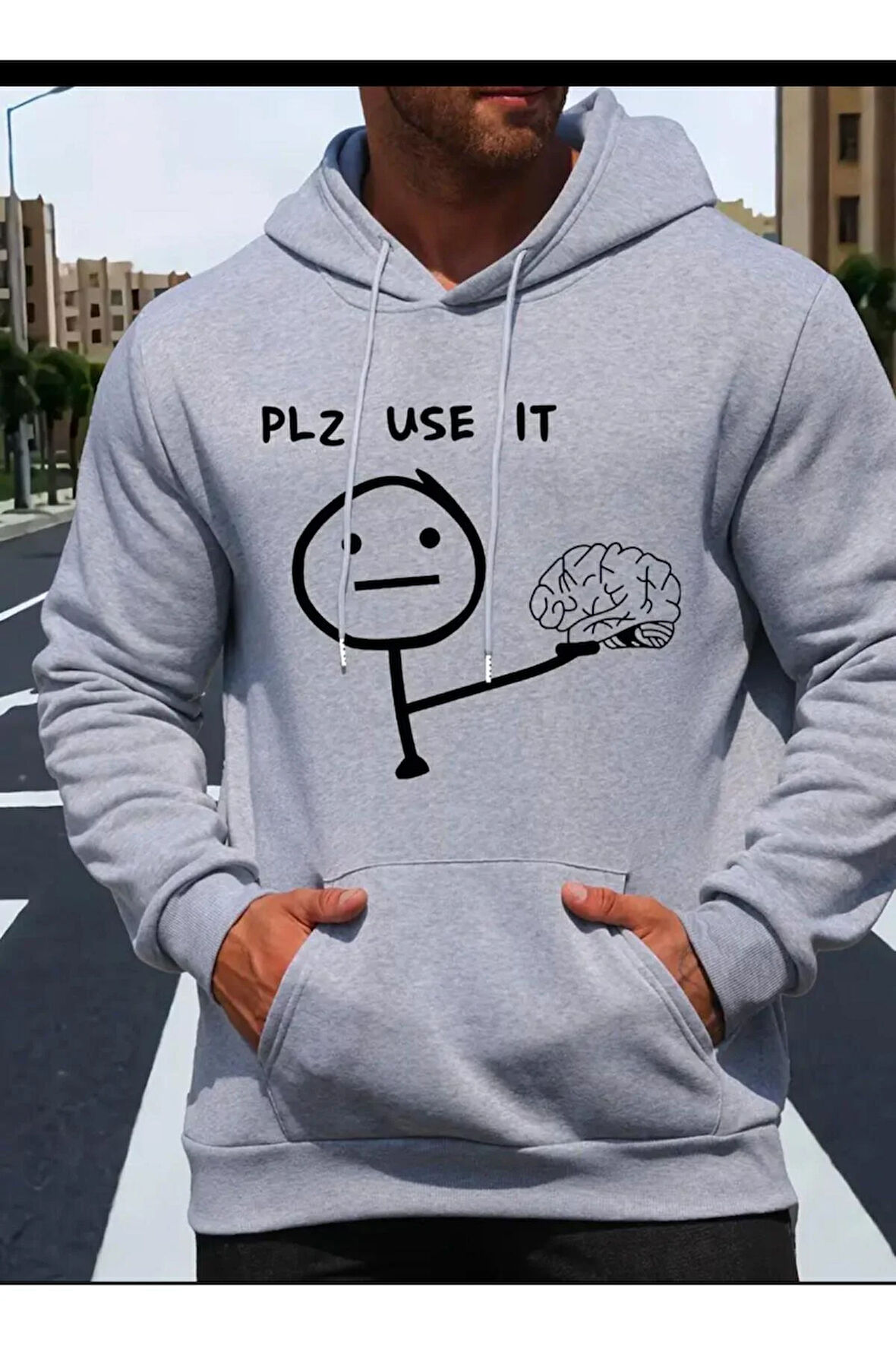 PLZ USE IT Baskılı Kapüşonlu Sweatshirt