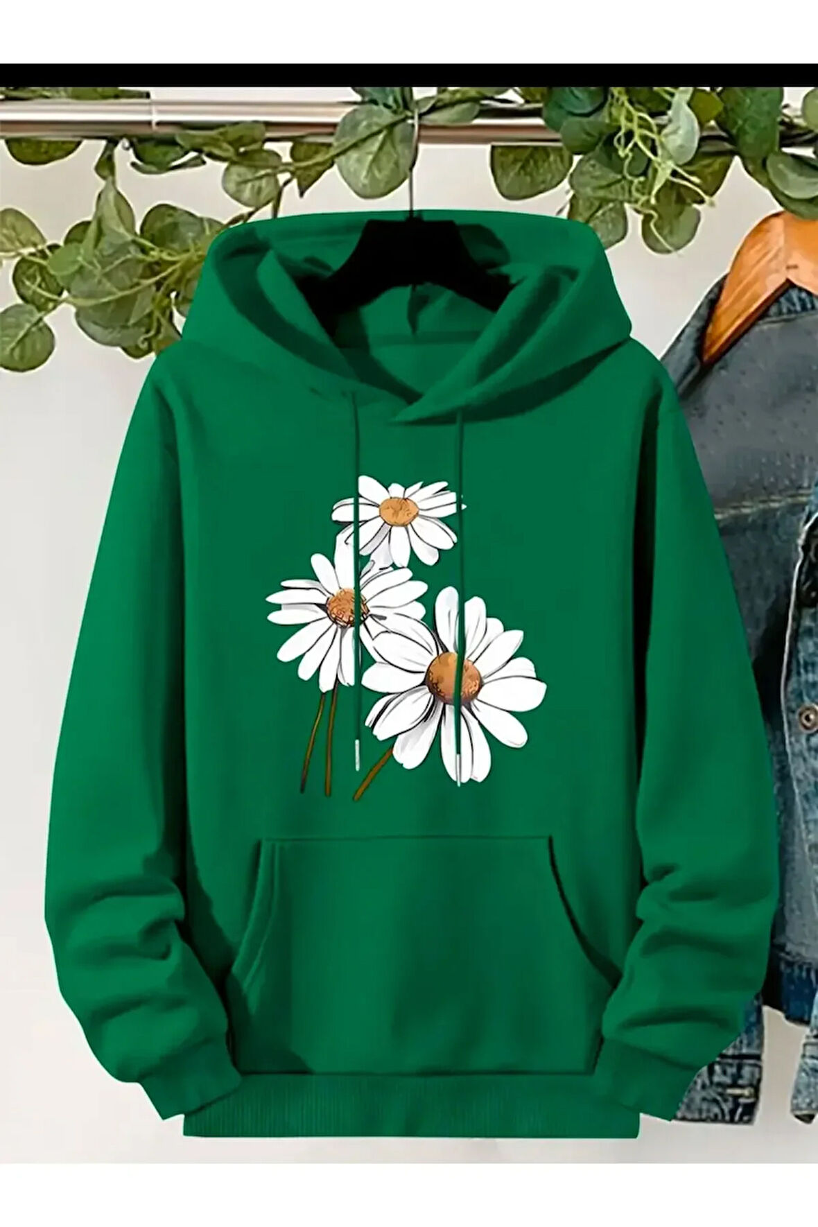 Papatya Baskılı Kapüşonlu Sweatshirt