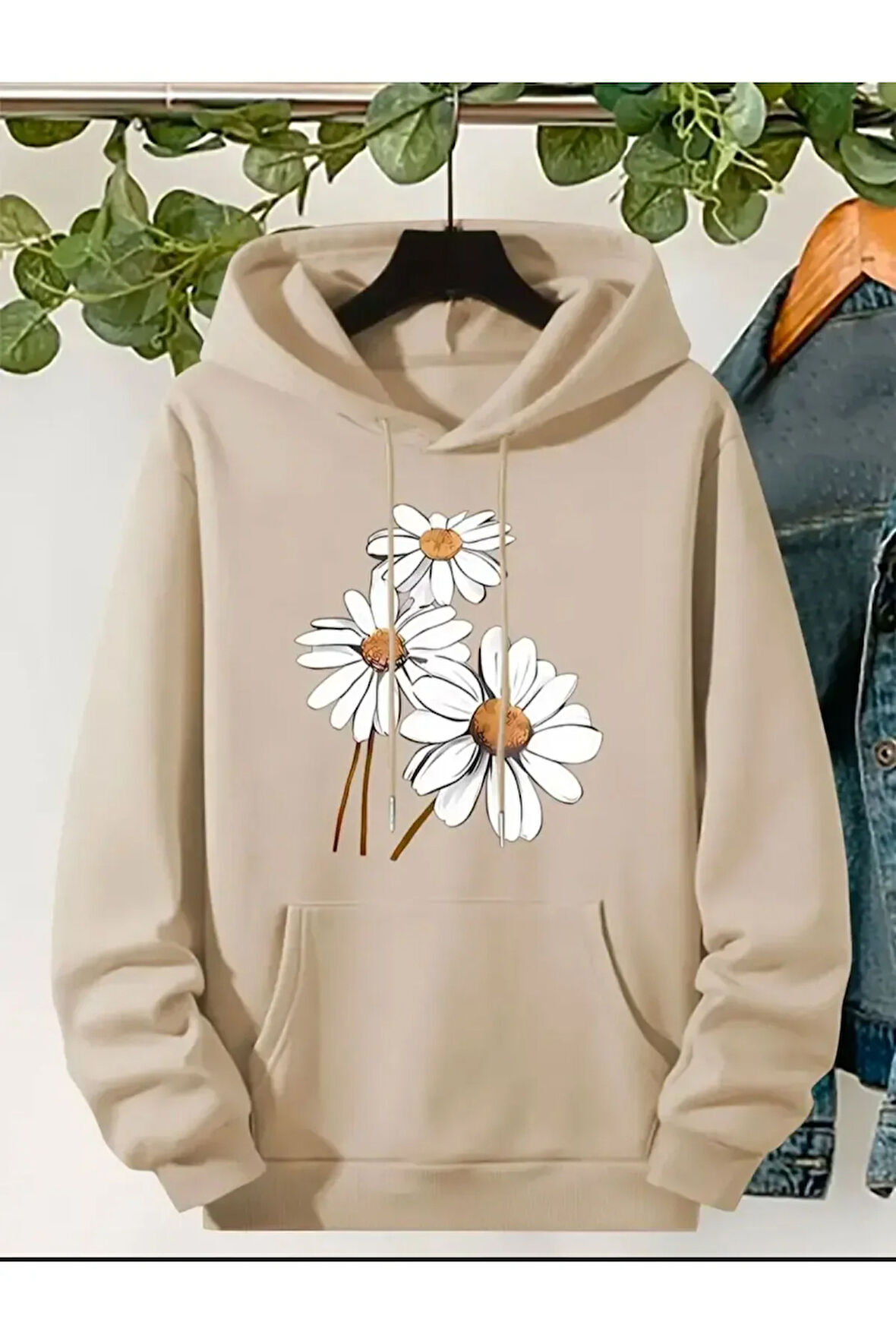 Papatya Baskılı Kapüşonlu Sweatshirt