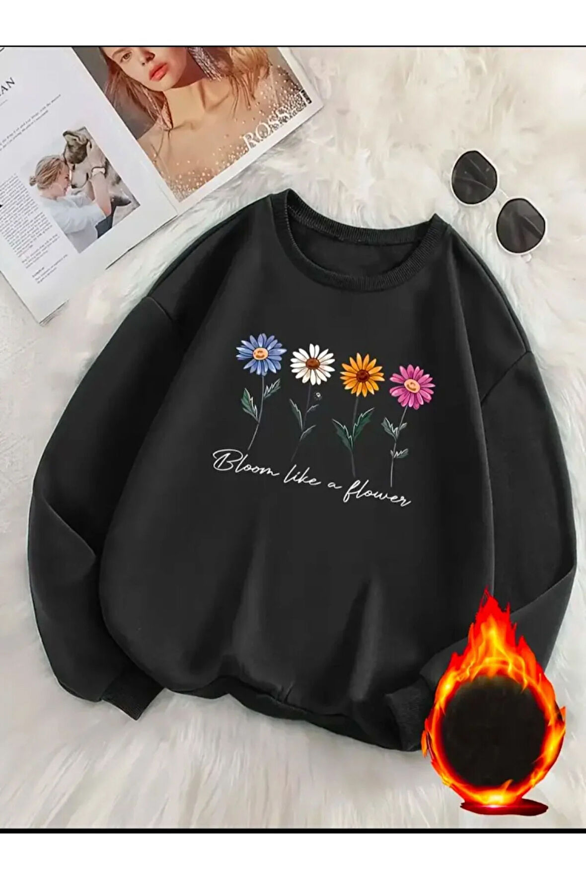 Renkli Çiçekler Baskılı Bisiklet Yaka Şardonlu Sweatshirt