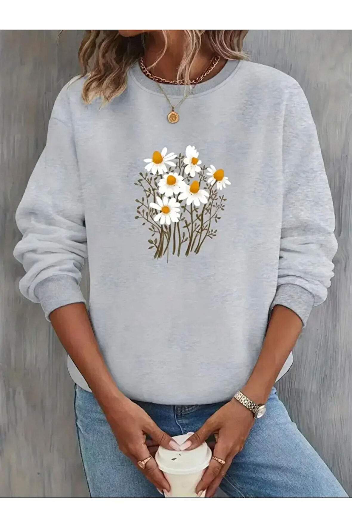 Papatya Demeti Baskılı Bisiklet Yaka Şardonlu Sweatshirt