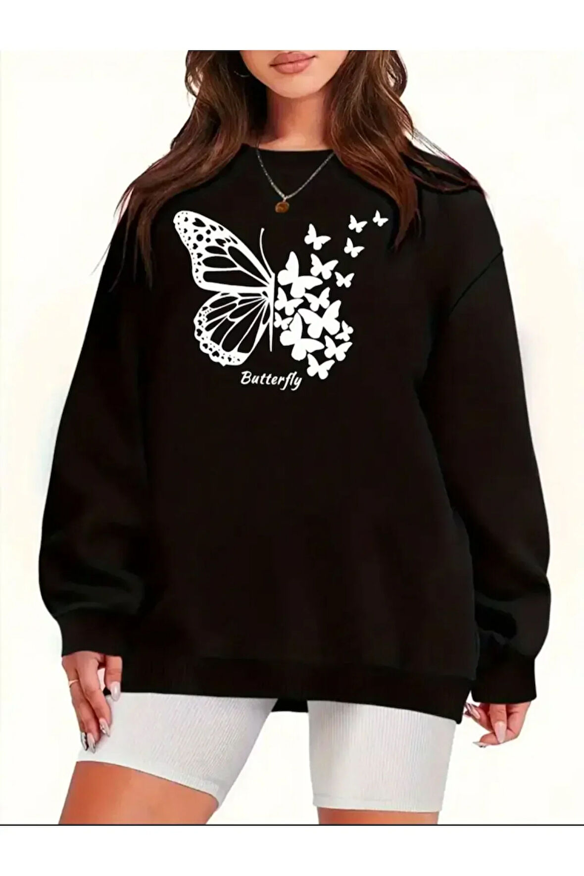Kelebek Desenli Kapüşonlu Cepli Sweatshirt
