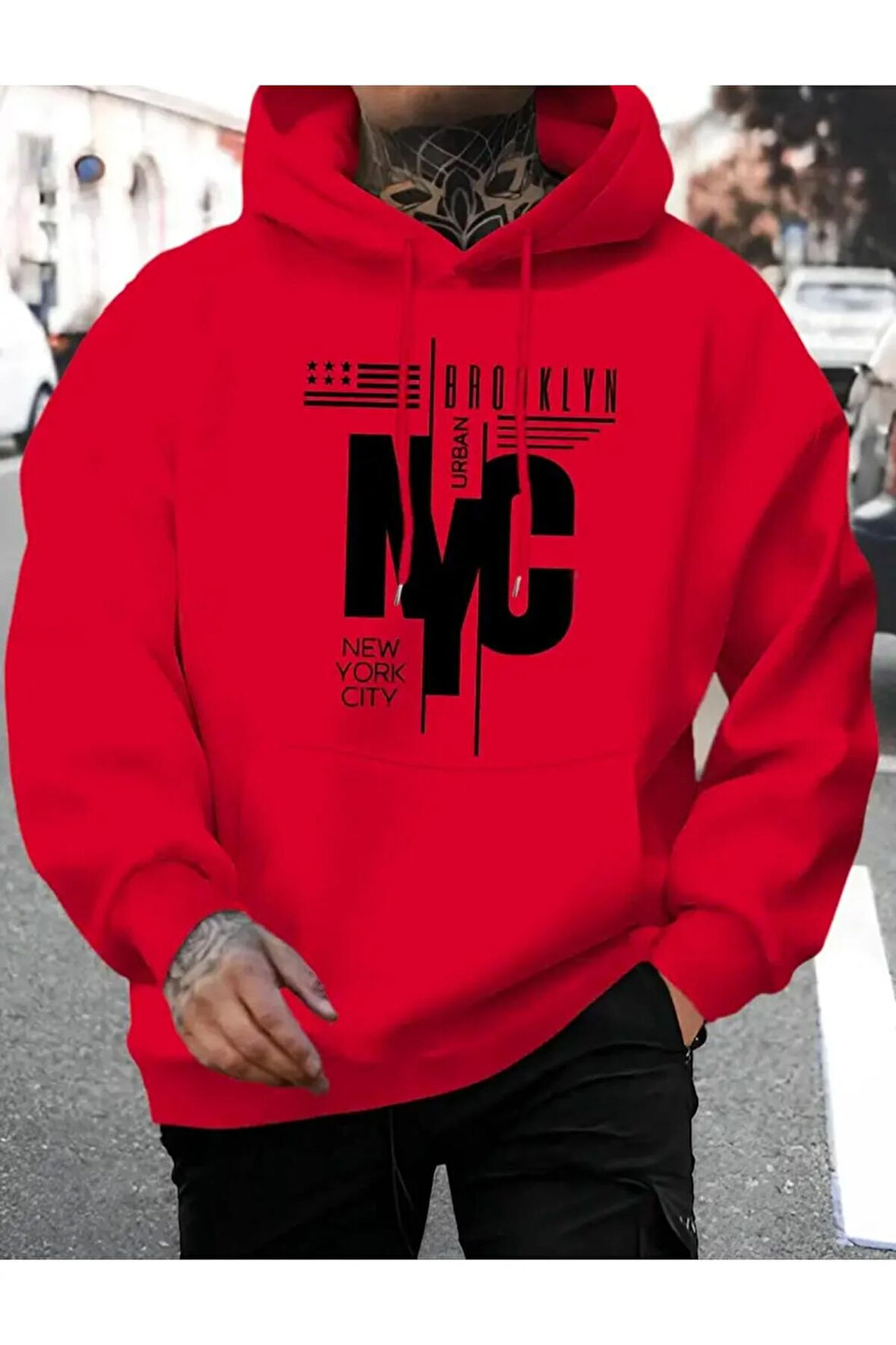 NYC Baskılı kapüşonlu Cepli Sweatshirt