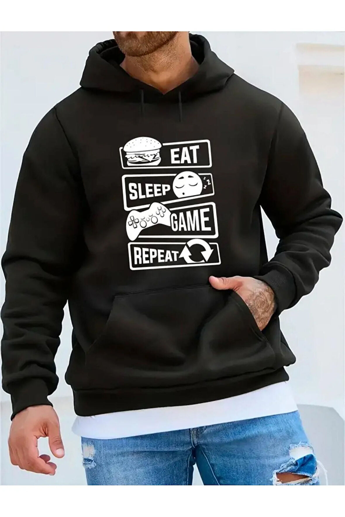 Eat Sleep Game Baskılı Kapüşonlu Sweatshirt