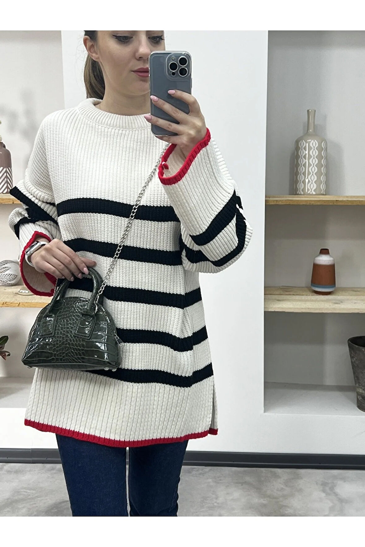 Kroko Suni Deri Mini El Ve Omuz Çantası Haki