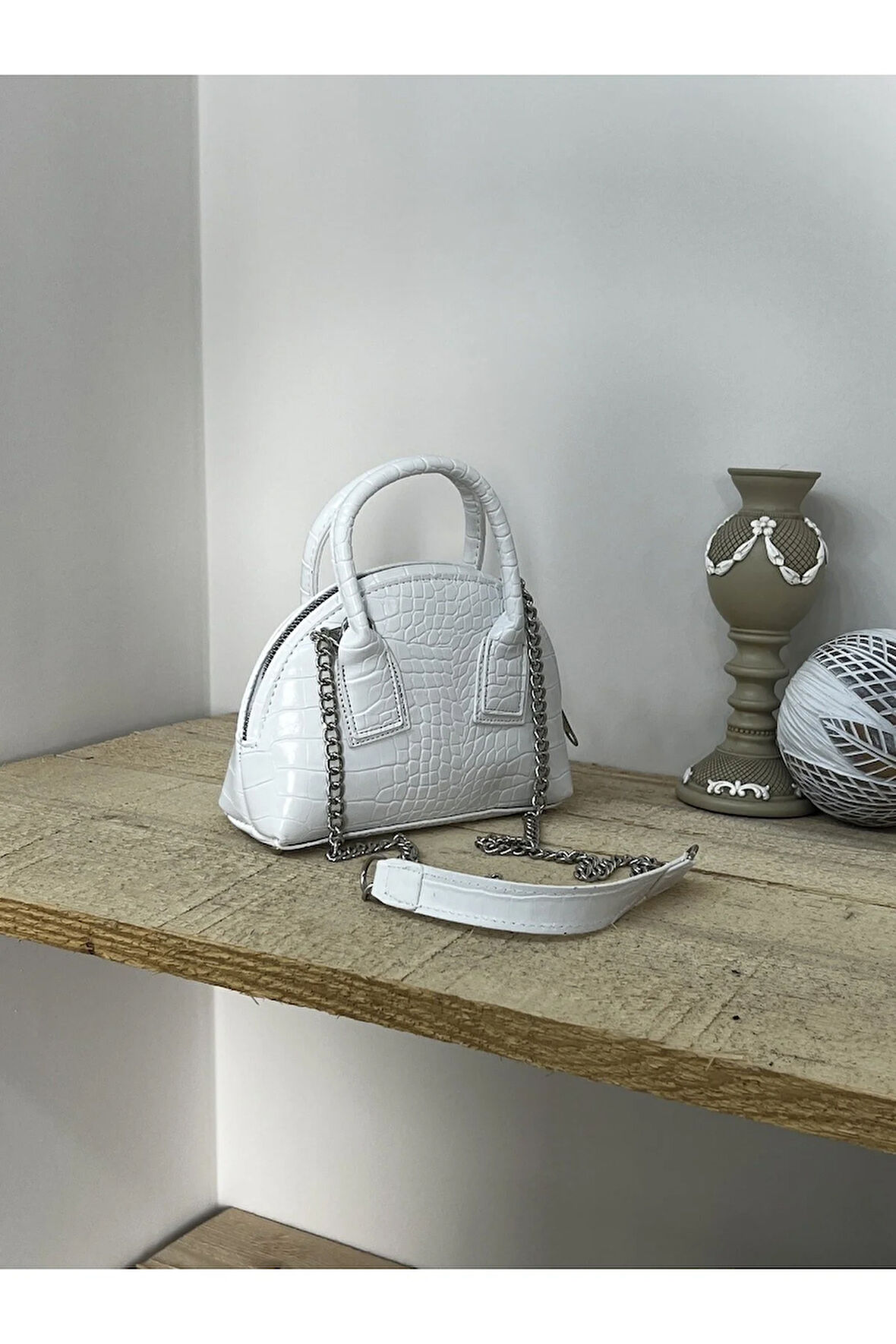 Kroko Suni Deri Mini El Ve Omuz Çantası Beyaz