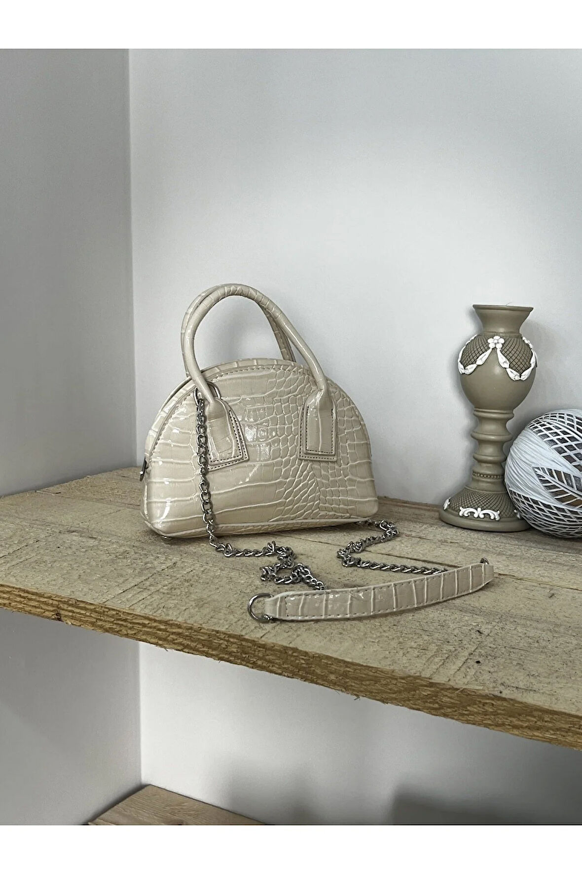 Kroko Suni Deri Mini El Ve Omuz Çantası Krem