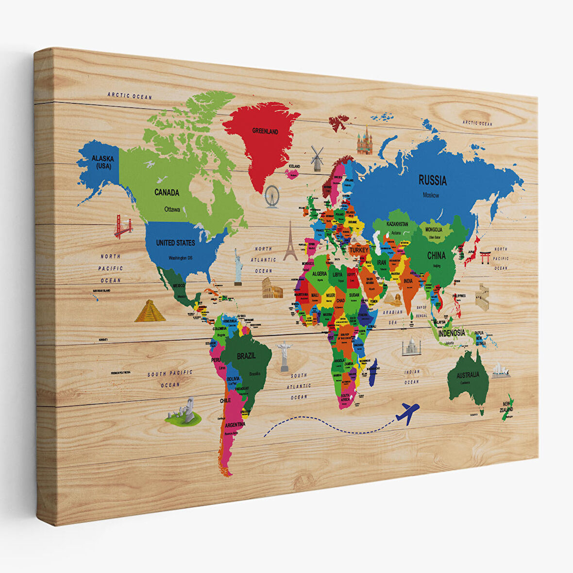 Harita Sepeti Ahşap Görünümlü Dünya Haritası Dekoratif Kanvas Tablo 2111