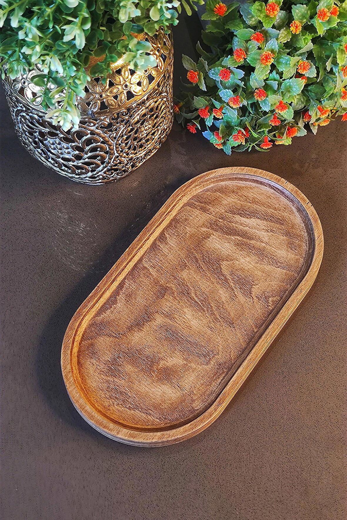 Doğal Ahşap (21 Cm X 11 Cm) Amber Renk Sıvı Yağlık Altı / Yağdanlık Standı Sunum Tabağı