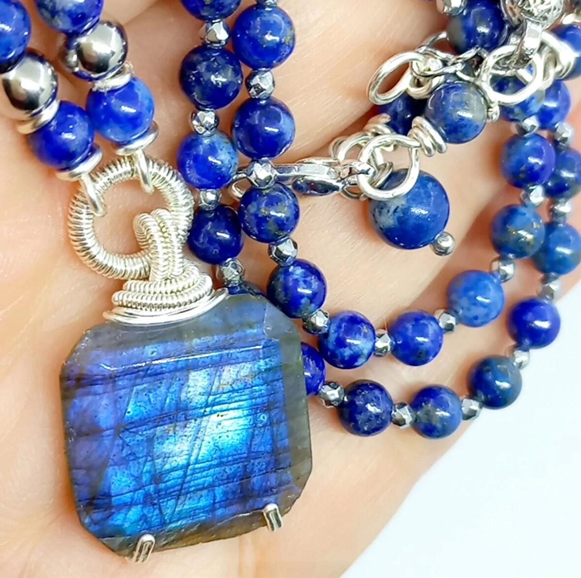 2111 Labradorit Lapislazuli Hematit el yapımı kolye