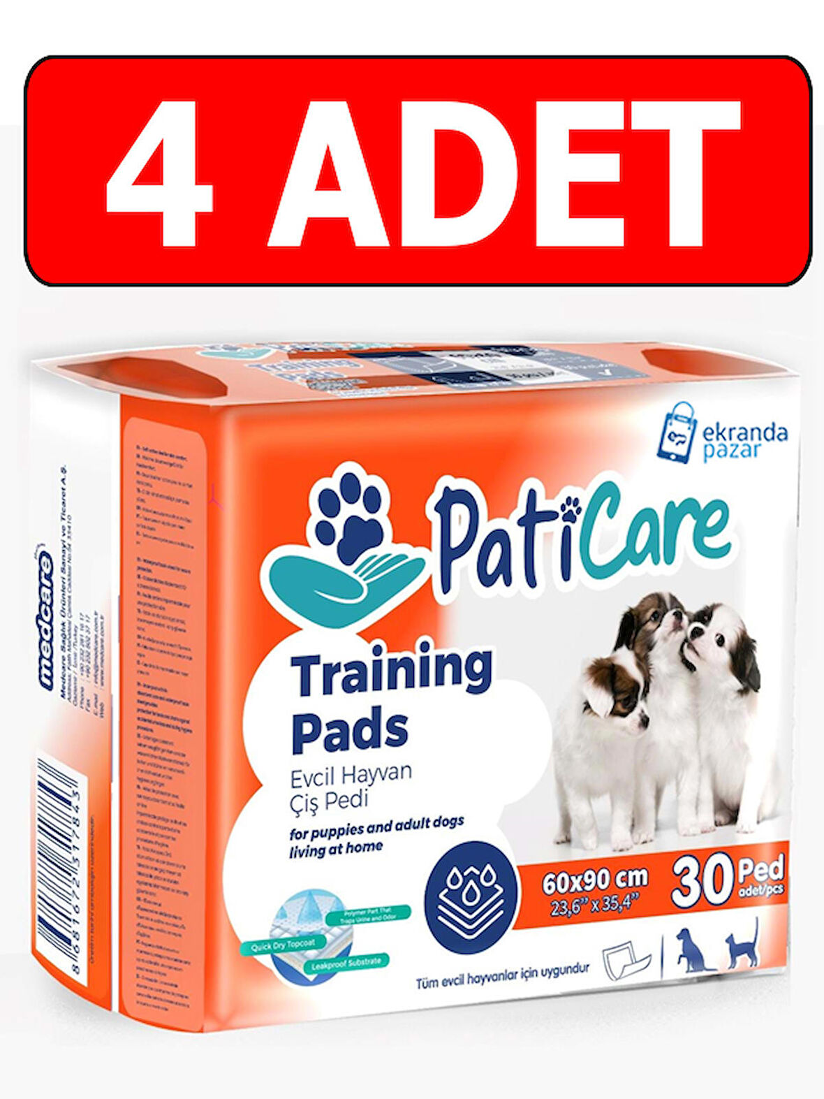 paticare trainingpads yavru köpek tuvalet eğitim pedi 60x90cm 30lu yapışkanlı çiş pedi 4adet