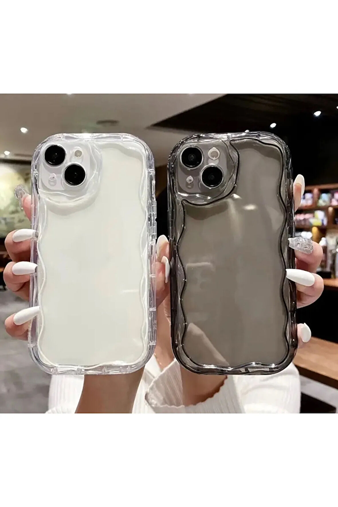 İPHONE 15 UYUMLU ŞEFFAF KOYU GRİ KENARLARI DALGALI KABARIK KAMERA KORUMALI SİLİKON KILIF