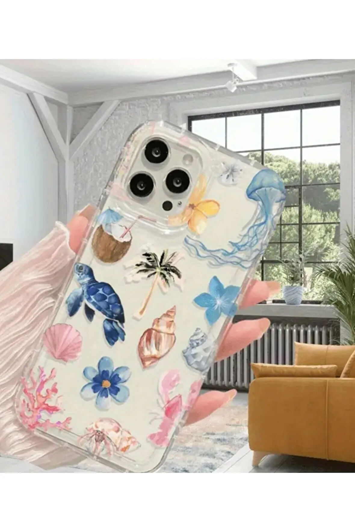 İPHONE 15 UYUMLU DENİZ KABUĞU KAPLUMBAĞA DESENLİ ŞEFFAF SİLİKON KILIF