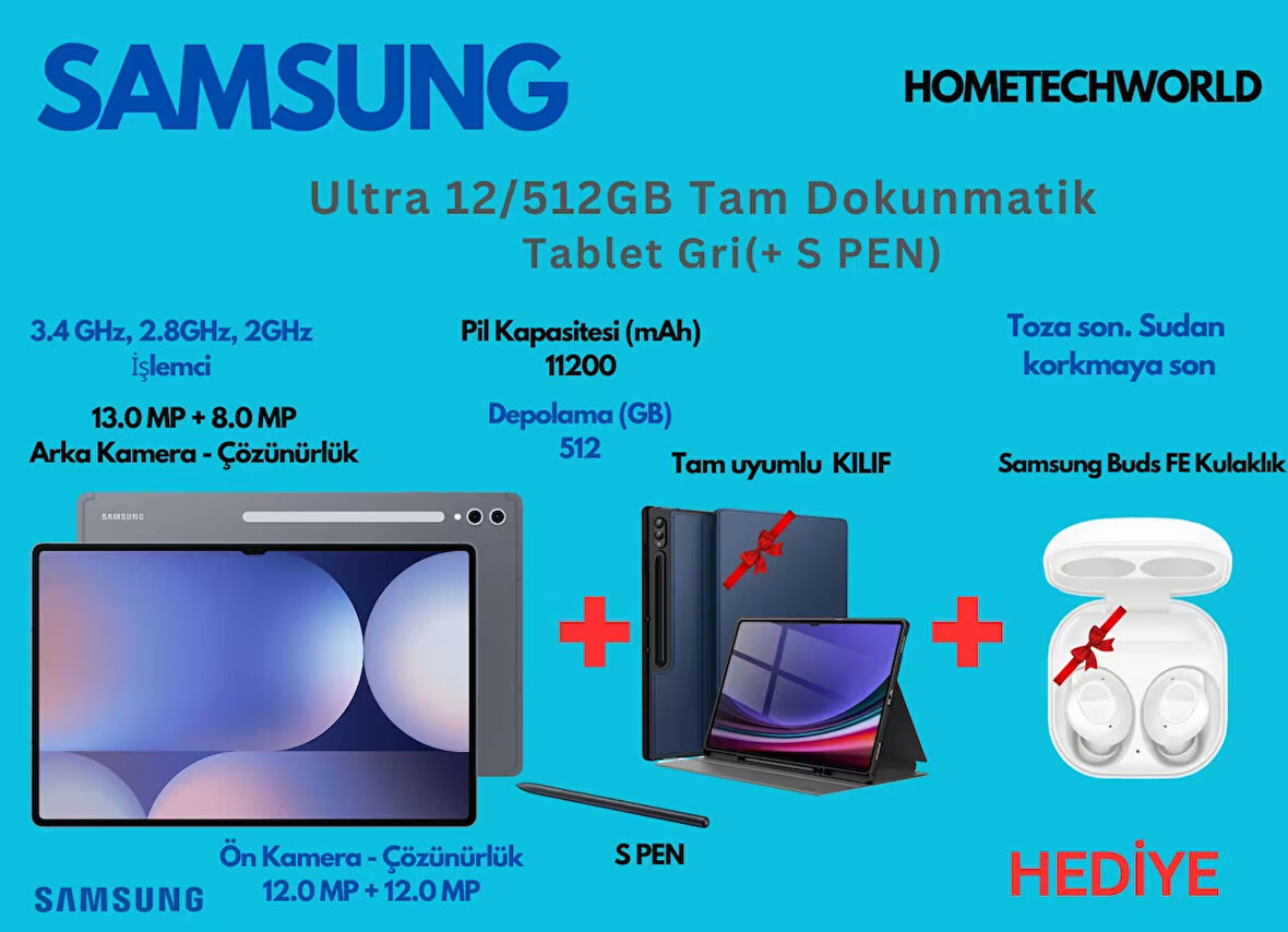 Samsung Galaxy Tab S10 Ultra Wi-Fi S 12 GB 512 GB 14.6" Tablet+ kılıf +kulak içi kulaklık hediye