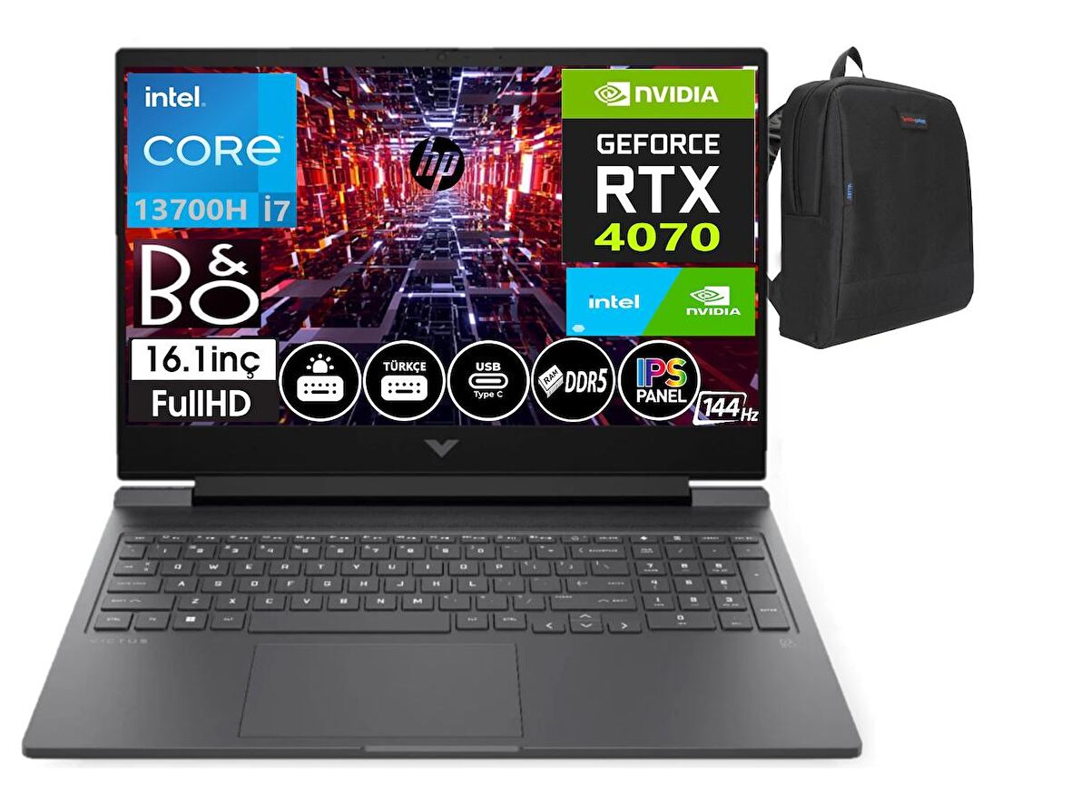 Hp Victus 16-R0072NT Intel Core I7 13700H 64gb DDR5 Ram 2tb SSD 8GB RTX4070 16.1 İnç 144Hz IPS FHD Windows11Pro Taşınabilir Bilgisayar 8W8A4EA27+WeblegelsinÇanta
