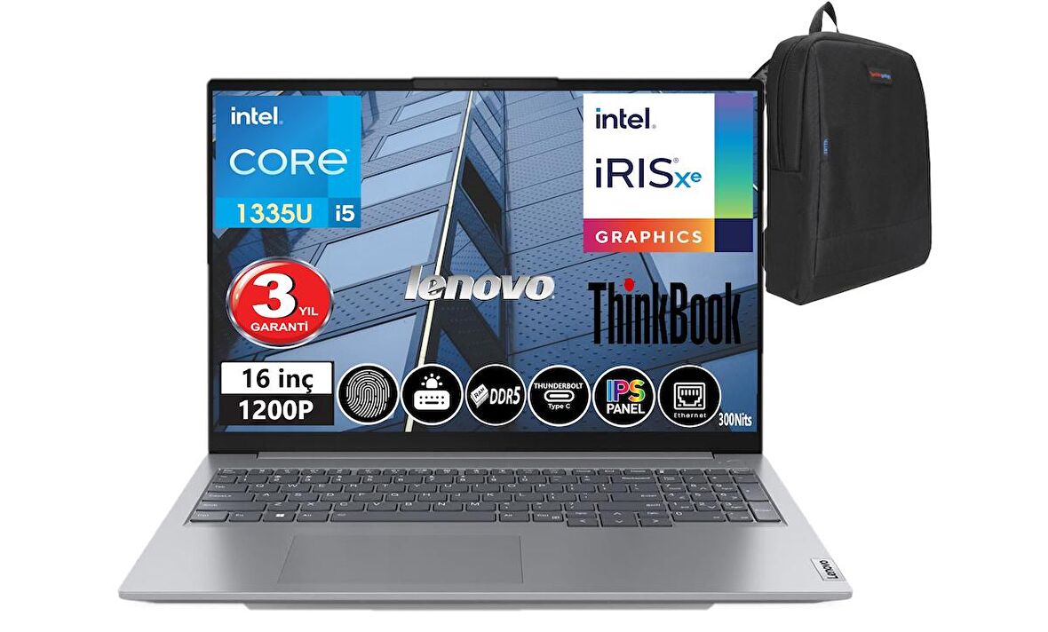 Lenovo ThinkBook 16 Gen6 IRL İntel i5 1335U 32gb DDR5 Ram 1tb SSD 16" WUXGA (1920x1200) Windows11Pro Taşınabilir Bilgisayar TB21KH001ETR23+WeblegelsinÇanta