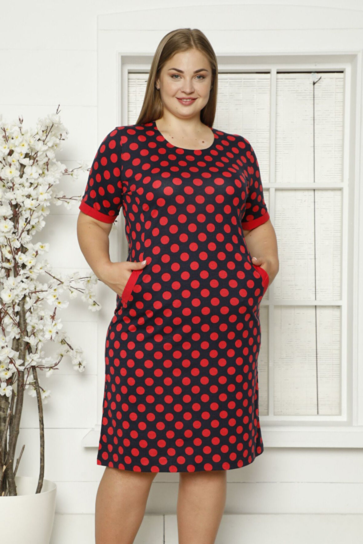 Puantiyeli Cepli Biyeli Kısa Kollu Penye Modal Büyük Beden Pamuklu Elbise