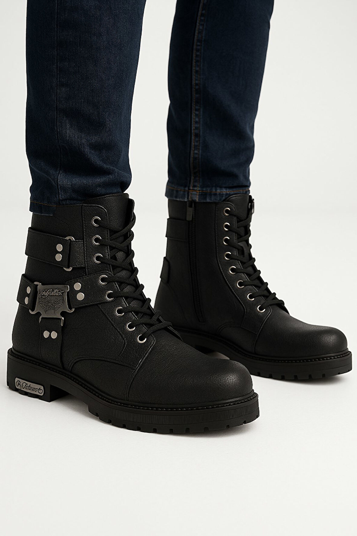 Günlük Erkek Bot Metal Toka Detaylı Bağcıklı Fermuarlı Oval Burun Kalın Kaymaz Taban Bootie 2118