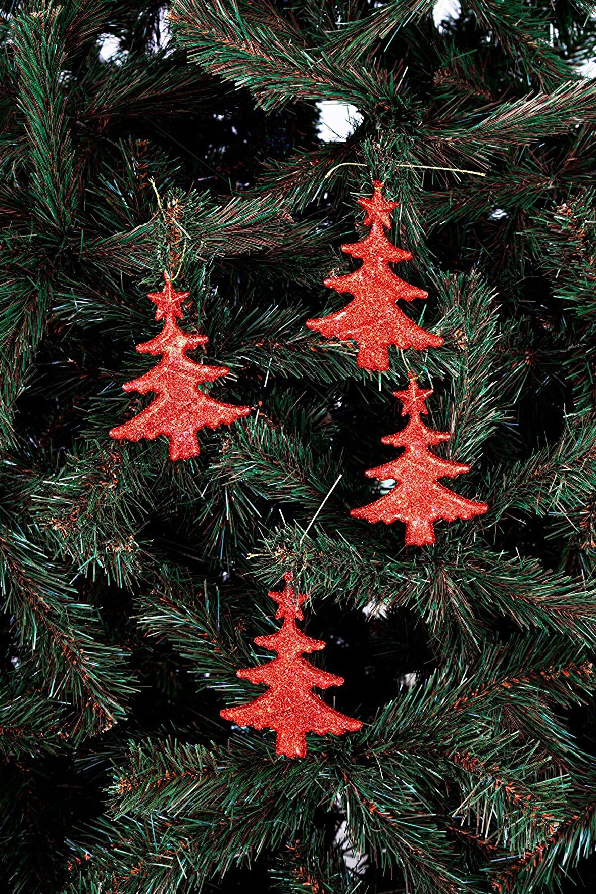 4lü Simli Ağaç Yılbaşı Süsü 14 CM Kırmızı