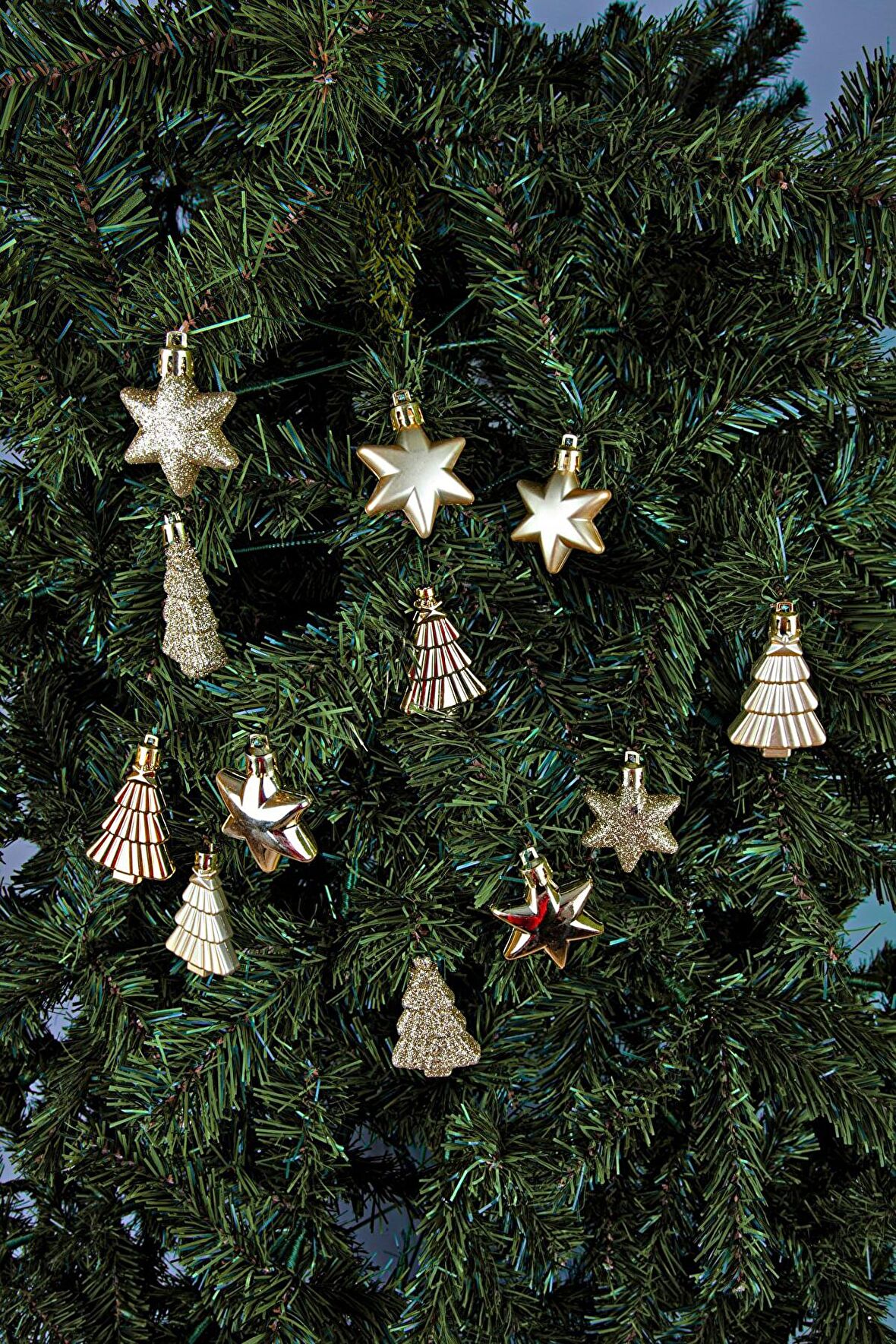 12li Yıldız Ve Ağaç Figürlü Yılbaşı Süsü Altın