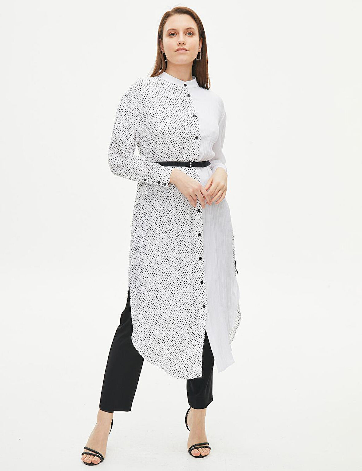 Kemerli Hakim Yaka Uzun Tunik Siyah-Beyaz | 38