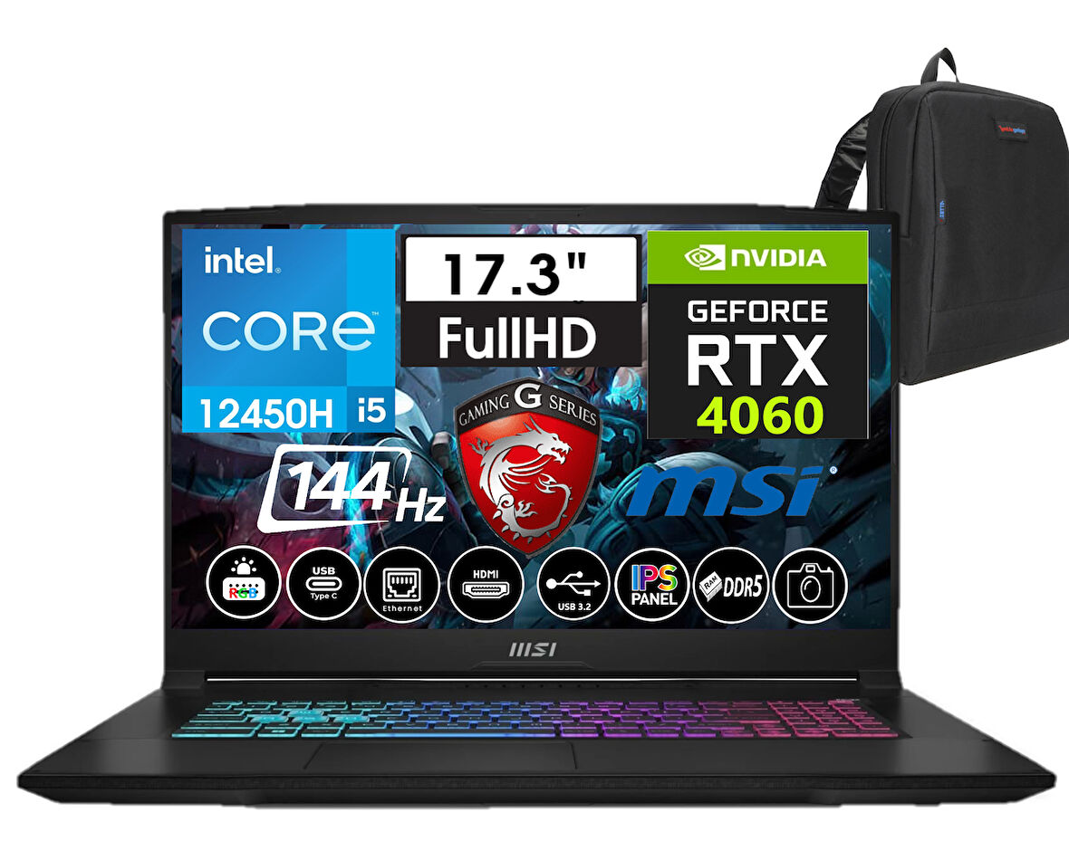Msı Katana 17 Intel Core I5-12450H 24GB Ddr5 1tb SSD 8GB/RTX4060 WINDOWS11HOME 17.3" 144 Hz Fhd IPS Taşınabilir Bilgisayar VİCTUSA1YU5E22+WEBLEGELSINÇANTA
