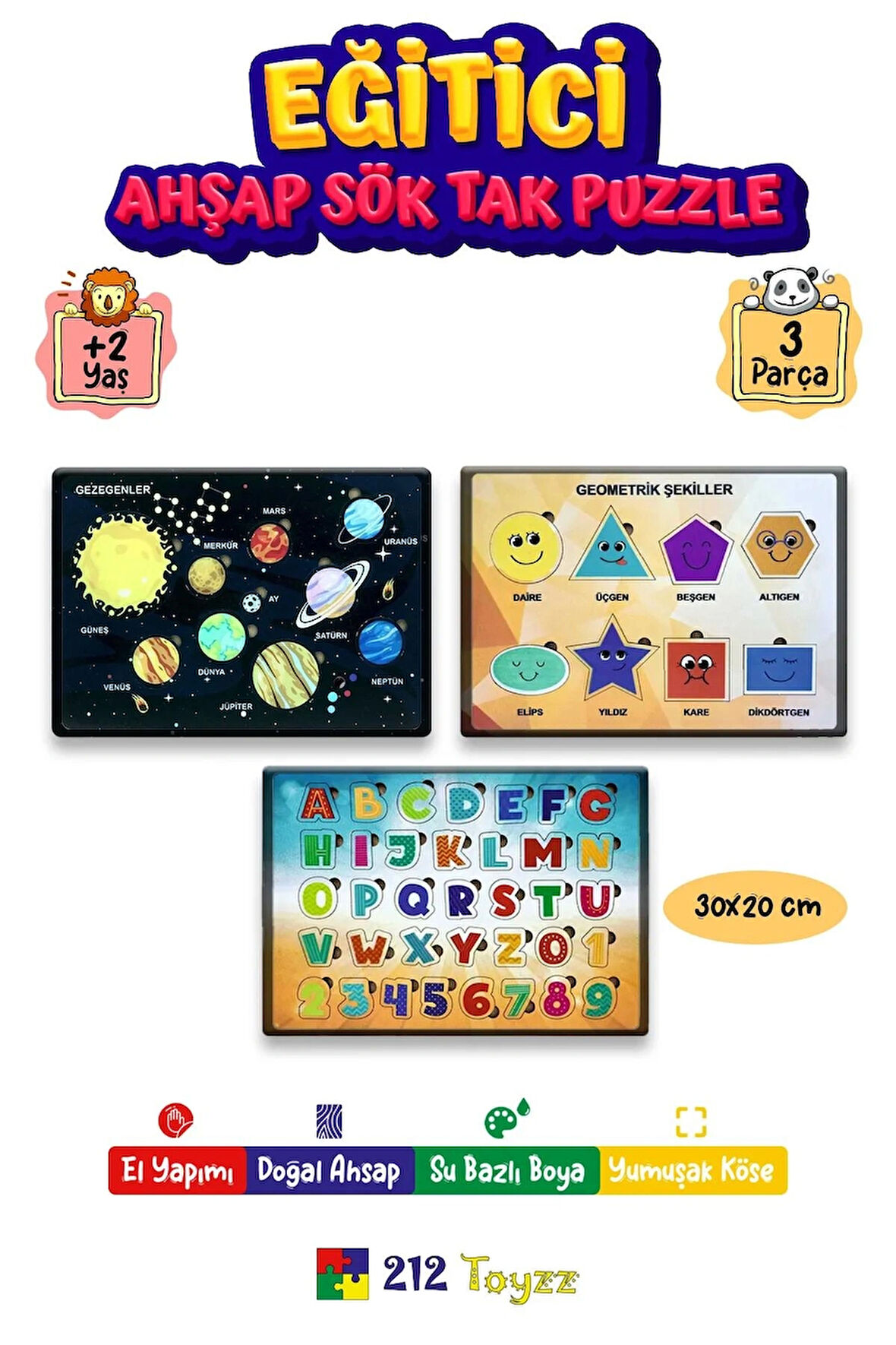 212toyzz 3 Lü Ahşap Çocuk Puzzle Ve Sök Tak Oyuncak alfabe