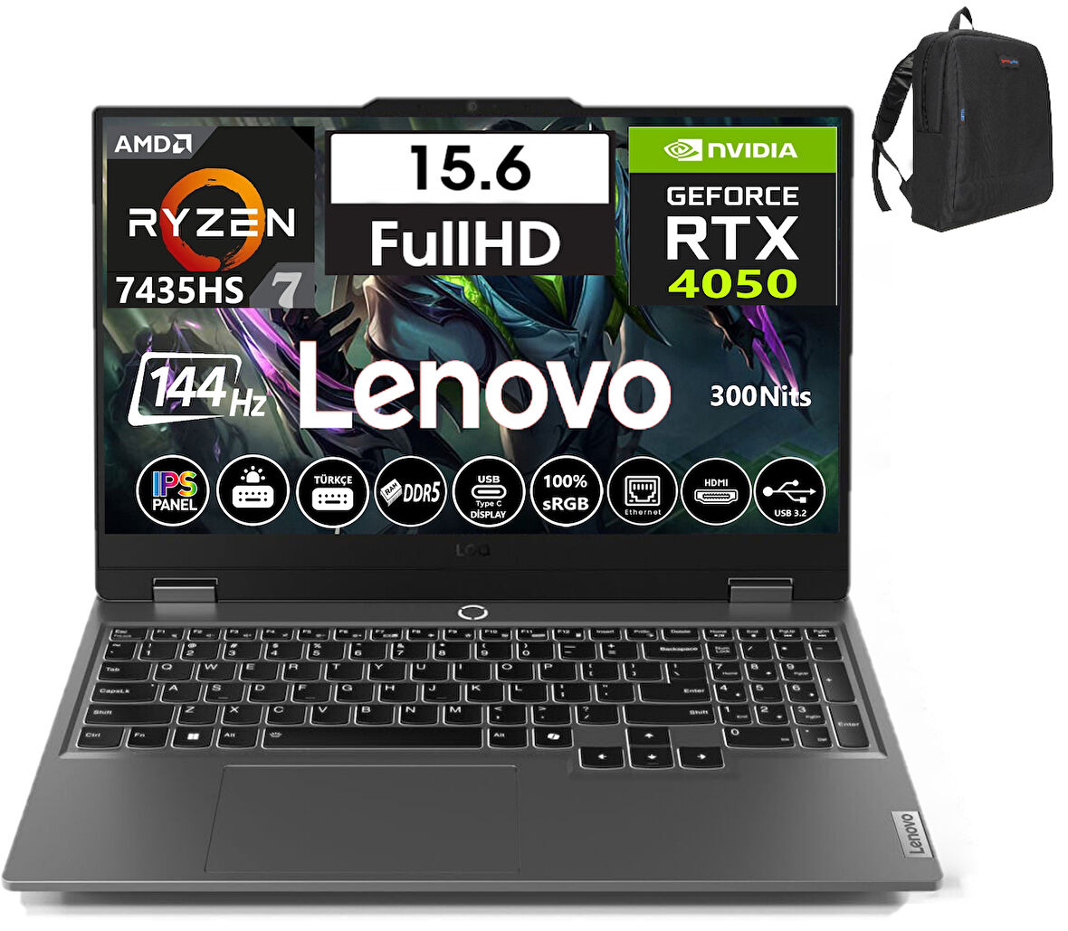Lenovo Loq 15ARP9 Amd Ryzen 7-7435HS 24GB Ddr5 512GB SSD 6GB/RTX4050 Freedos 15.6" 144Hz Fhd IPS Taşınabilir Bilgisayar W83JC006ATR01+WEBLEGELSINÇANTA
