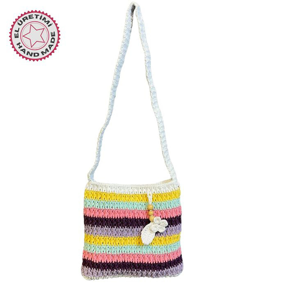 Uretti - Emine 9106 El Örgüsü Ahşap Boncuk Detaylı Renkli Çizgili Model Omuz Çantası