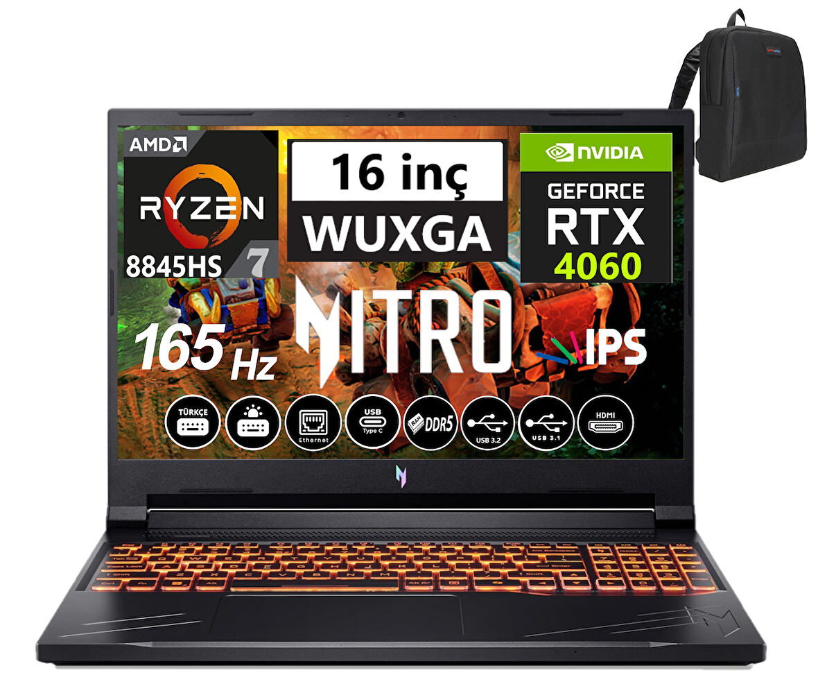 Acer Nitro V16 ANV16-41 Amd R7 8845HS Aı 24GB Ddr5 4tb SSD 8GB/RTX4060 WINDOWS11HOME 16" 165Hz Wxuga IPS Taşınabilir Bilgisayar WNHQRUEY00324+WEBLEGELSINÇANTA