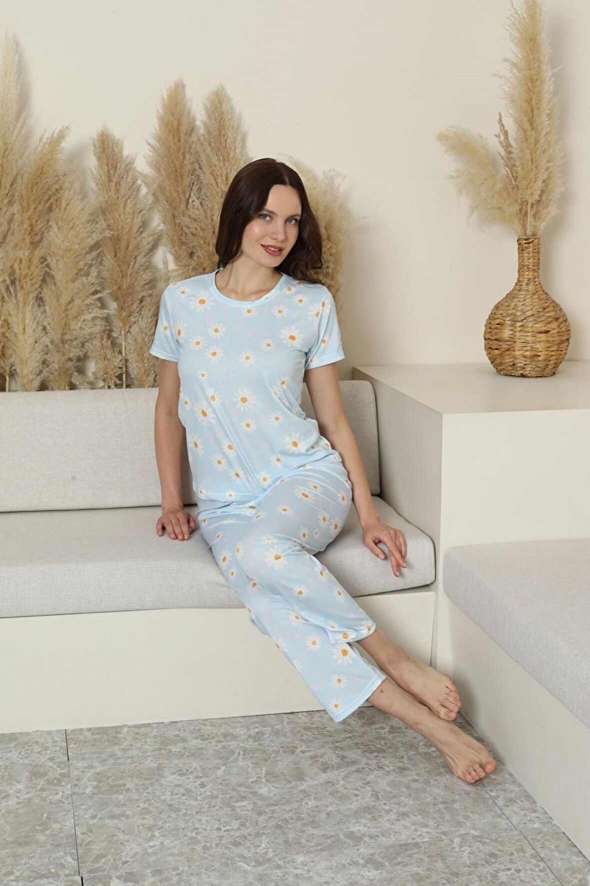 Kadın Desenli Bisiklet Yaka Düğmesiz Bambu Yazlık Kısa Kol Pijama Takımı-Dar Kesim