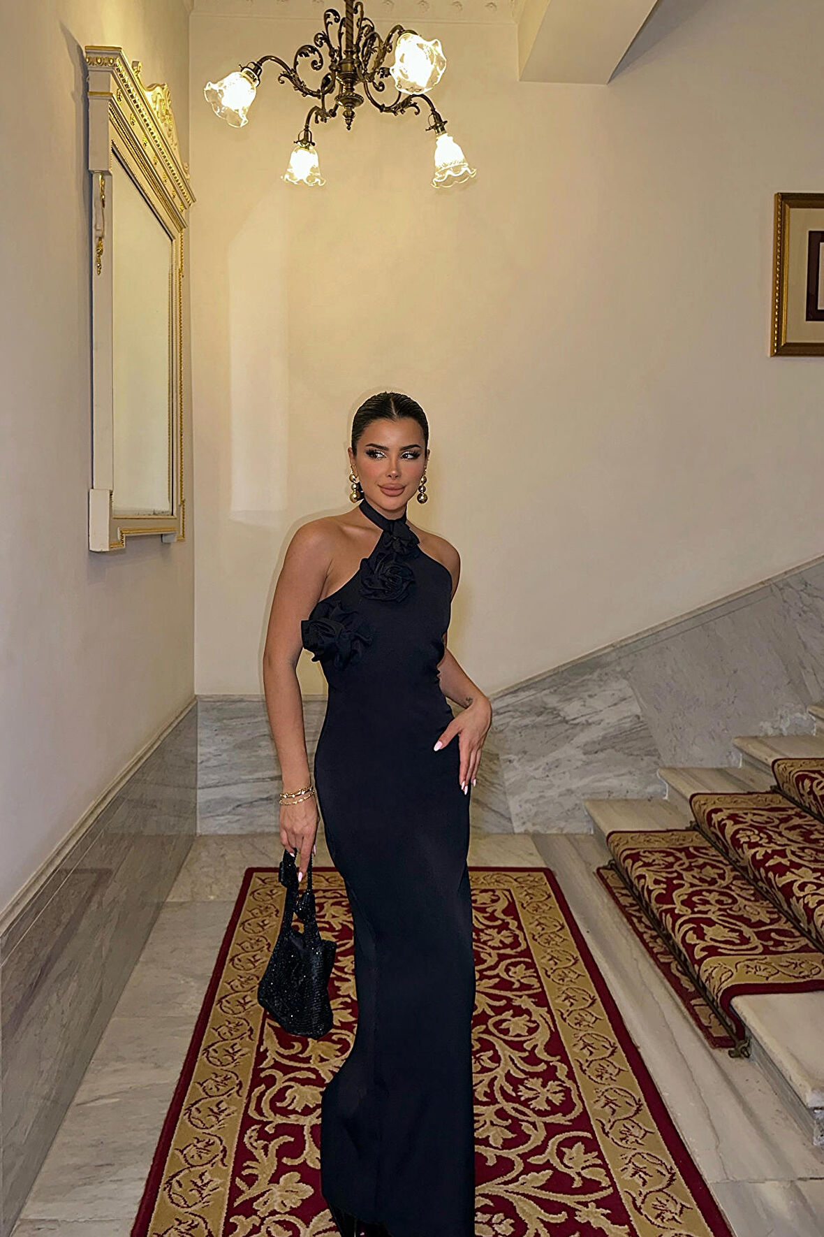 Siyah Gül Detay Bağlamalı Elbise ATE-0222