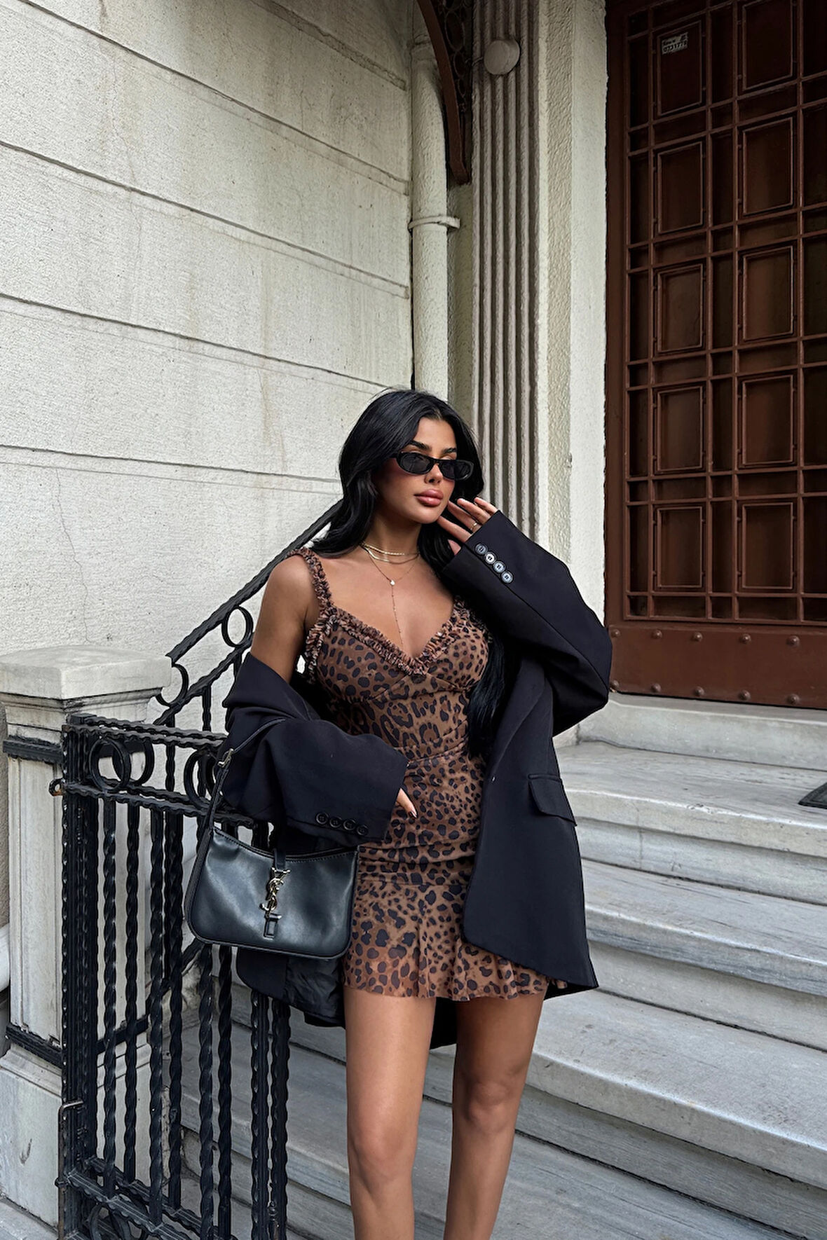 Kahverengi Zadie Leopar Desenli Mini Tül Elbise ATE-1750