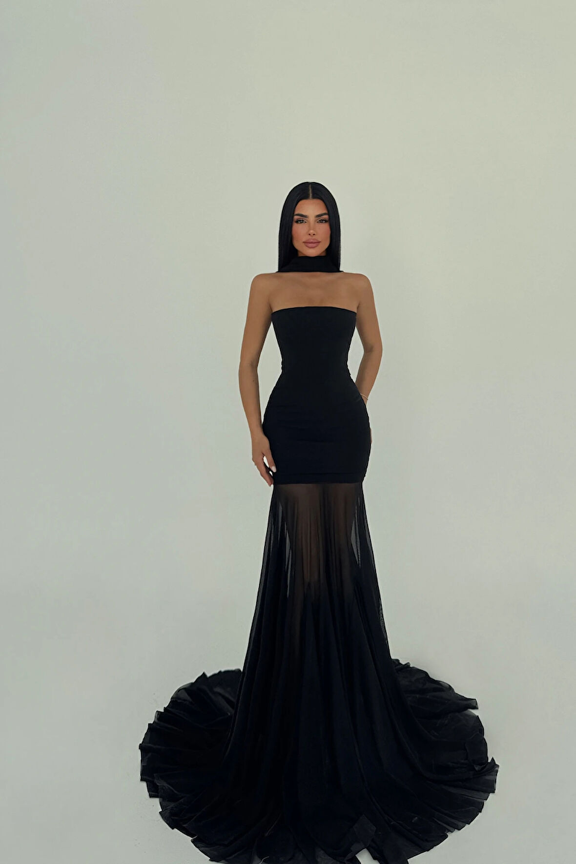 Siyah Marianna Uzun Etekleri Tül Elbise ATE-2617