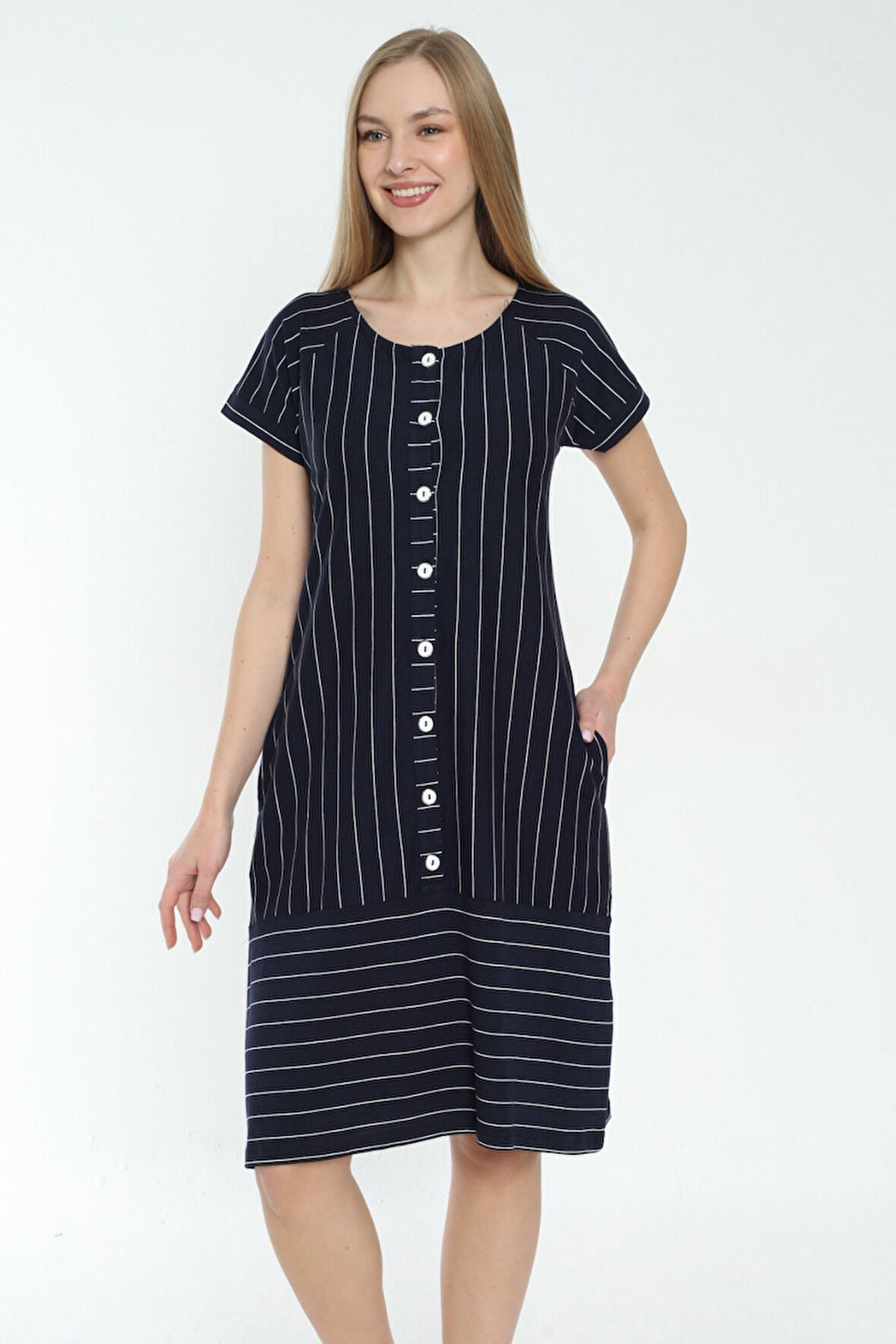Kadın Çizgi Desenli Pamuklu Kısa Kollu Cepli Elbise