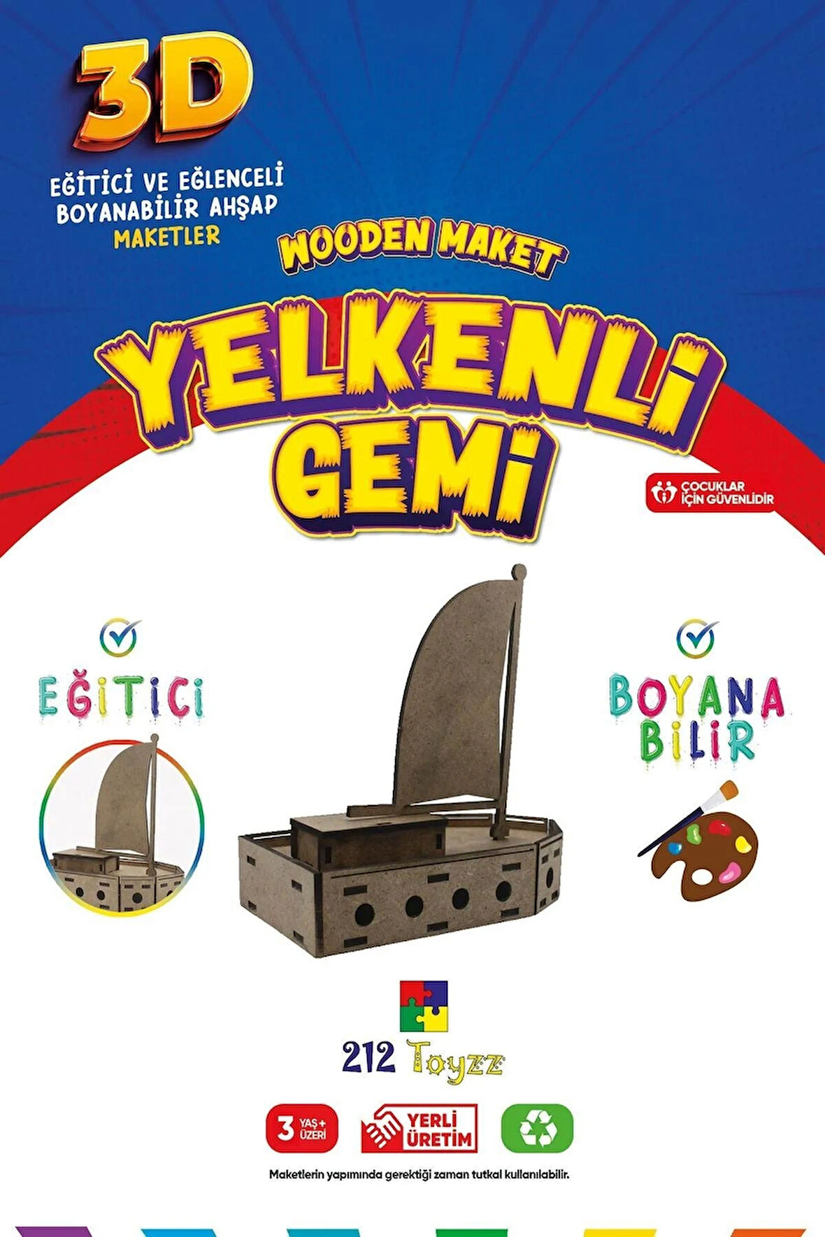 212toyzz 3D Boyanabilir Ahşap Yelkenli Gemi Maketi - Çocuklar İçin Eğitici Oyuncak