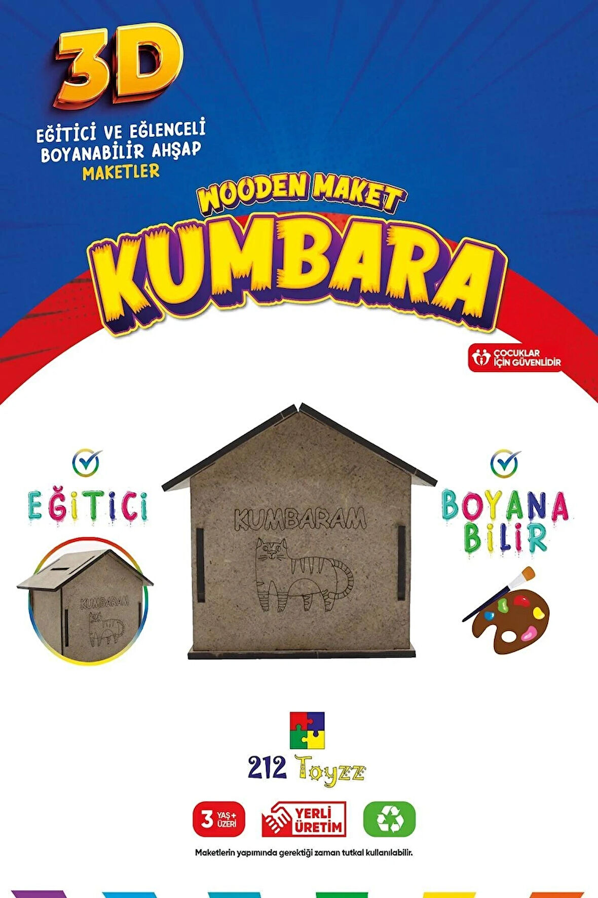 212toyzz 3D Boyanabilir Ahşap Kumbara - Çocuklar İçin Eğitici ve Eğlenceli Tasarruf Oyuncak